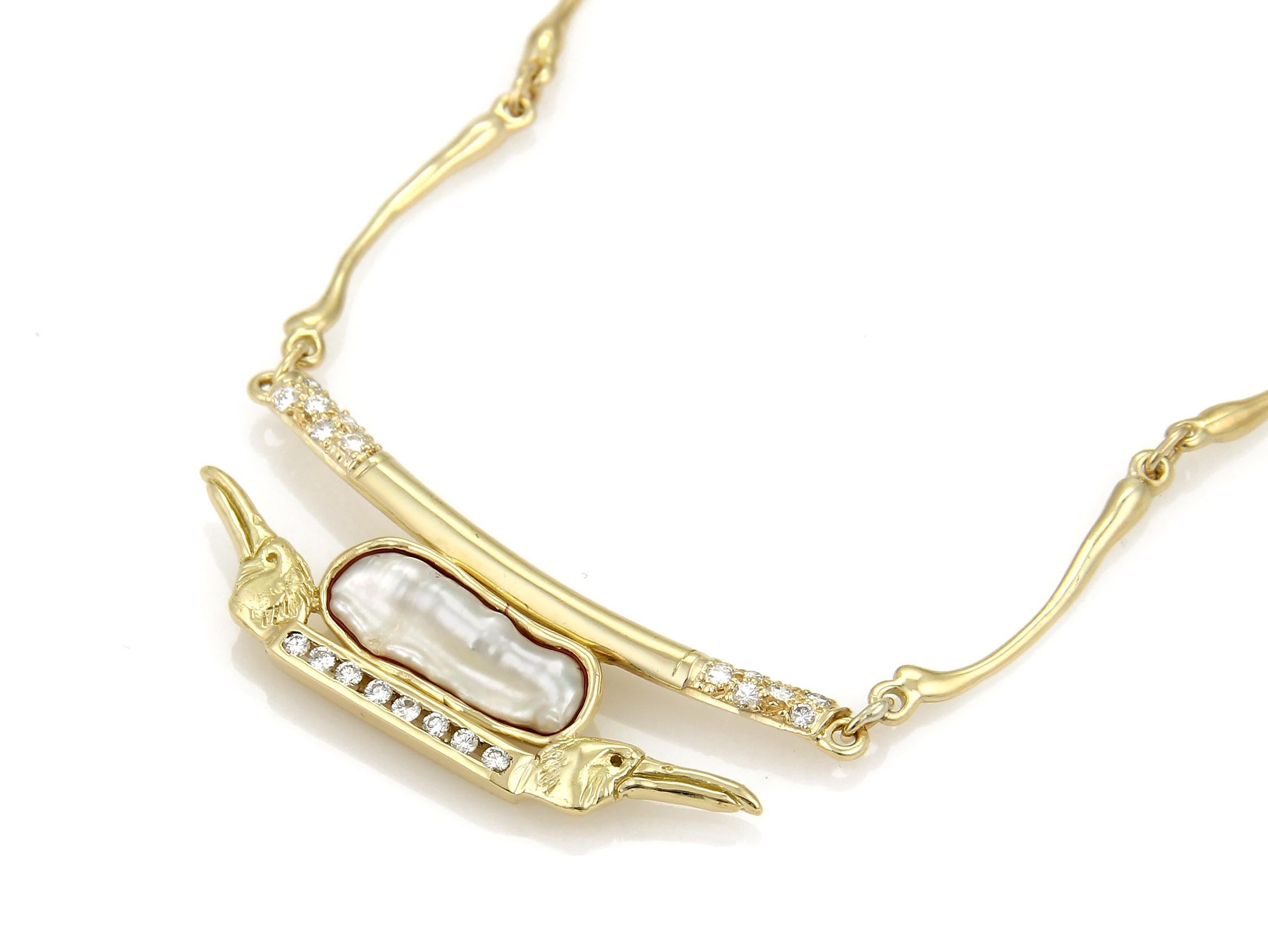 Modern Anthony Kim Diamond & Pearl Bird Pendant 18k Yellow Gold Bone Link Necklace For Sale