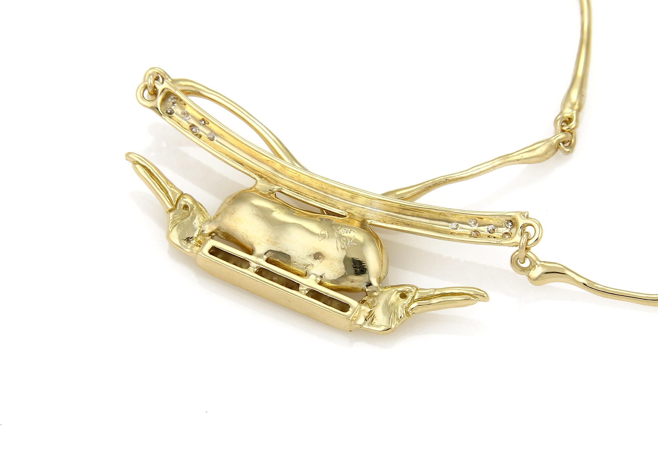 Brilliant Cut Anthony Kim Diamond & Pearl Bird Pendant 18k Yellow Gold Bone Link Necklace For Sale