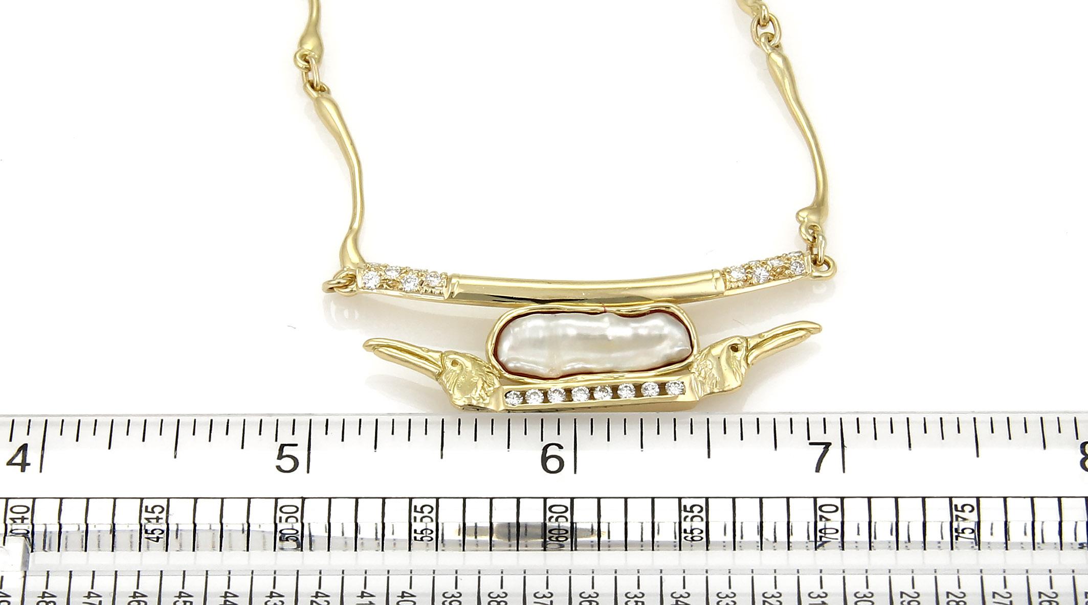 Anthony Kim Diamond & Pearl Bird Pendant 18k Yellow Gold Bone Link Necklace For Sale 1