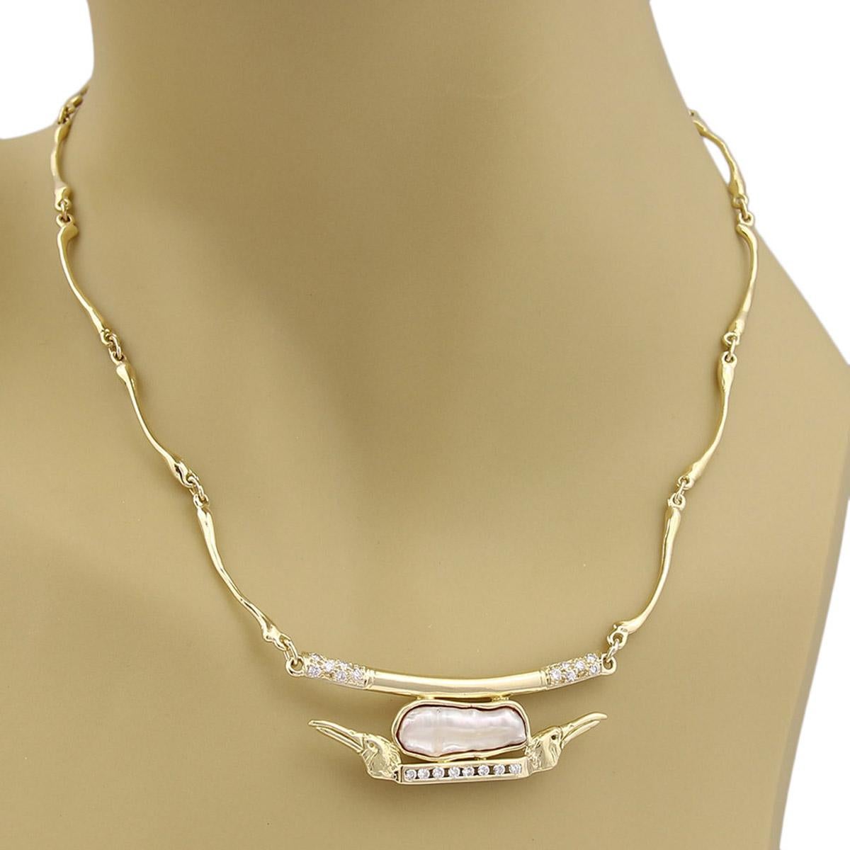 Anthony Kim Diamond & Pearl Bird Pendant 18k Yellow Gold Bone Link Necklace For Sale 2