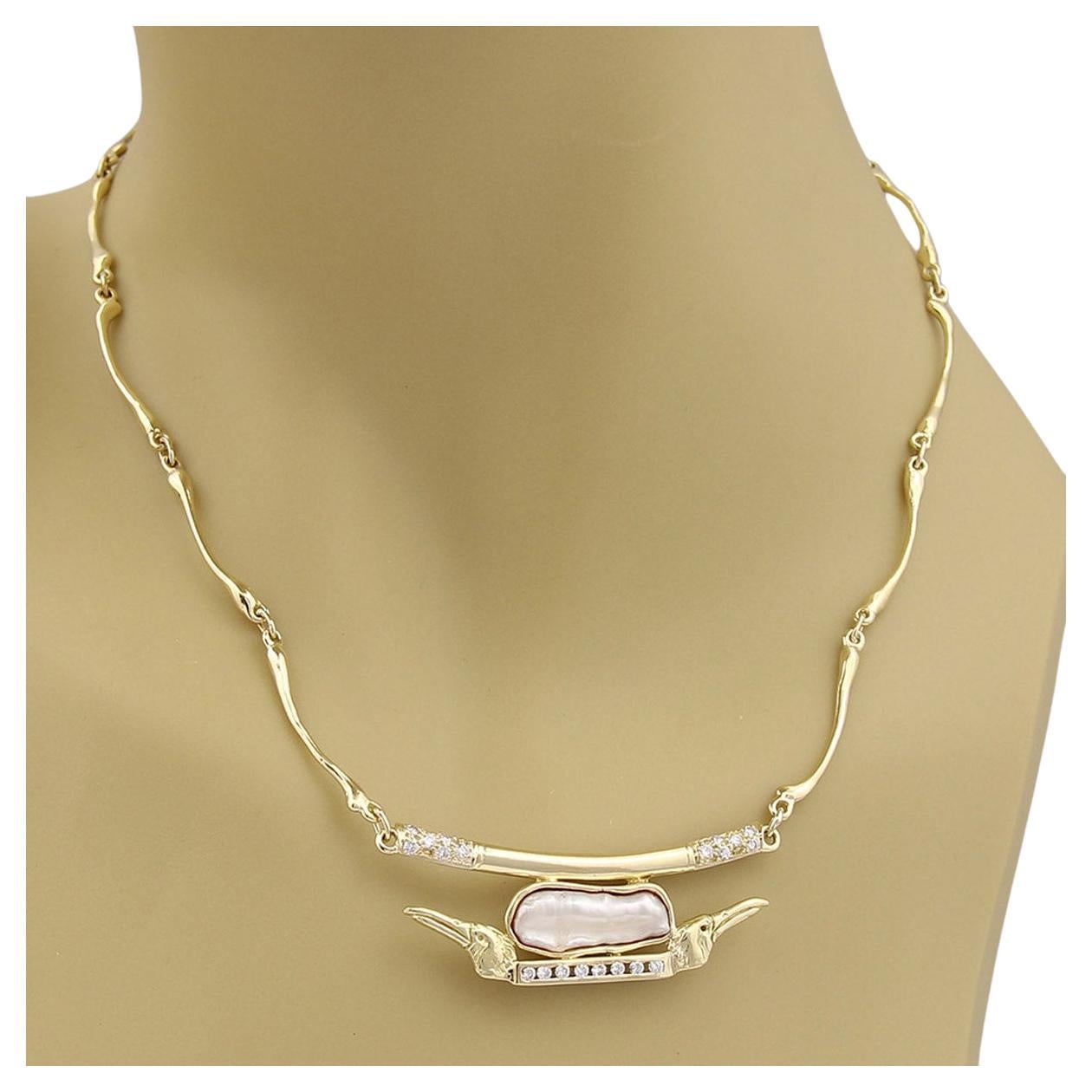 Anthony Kim Diamond & Pearl Bird Pendant 18k Yellow Gold Bone Link Necklace For Sale