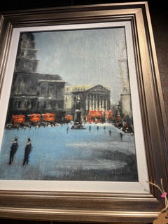 Contemporary Impressionist Oil of Piccadilly London with Buildings and Red Buses