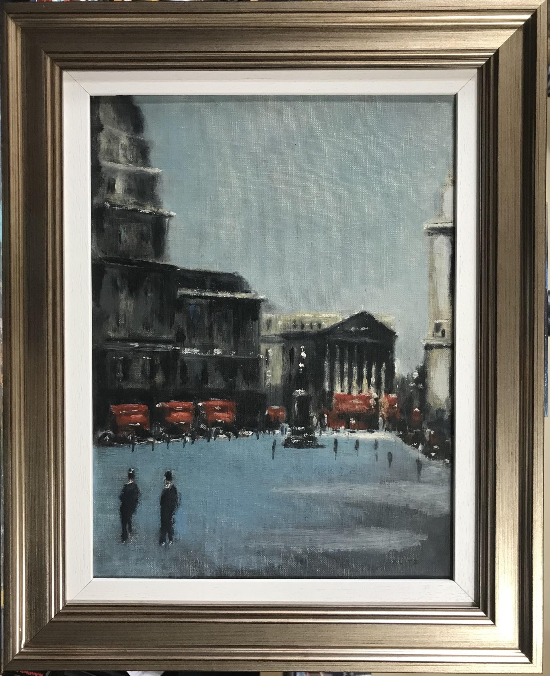 Anthony Klitz Landscape Painting - Piccadilly, London Uk -scene with London red buses, statue, buildings and people