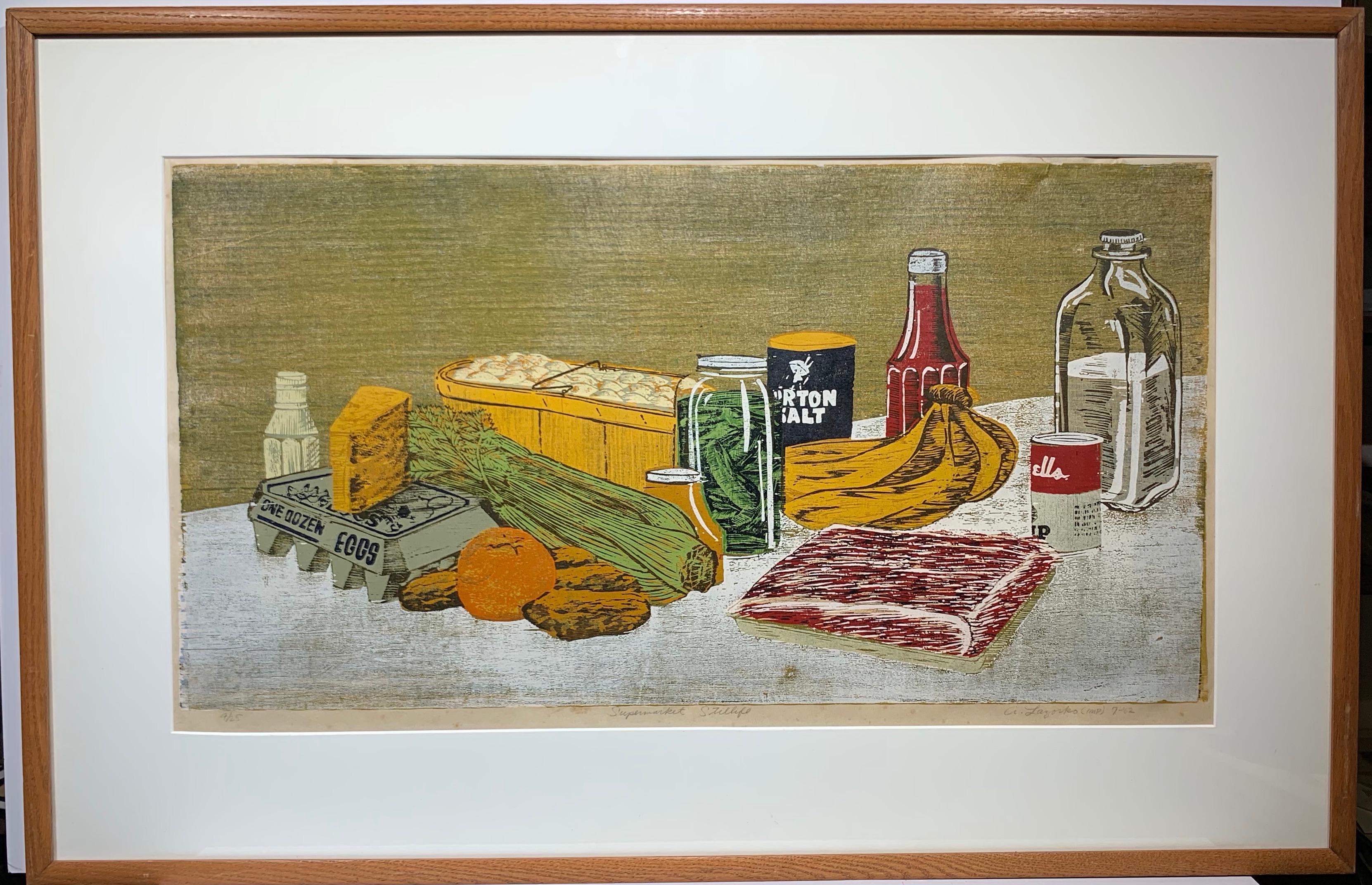 Supermarket Still Life (Pop Art woodblock print). - Print by Anthony Lazorko