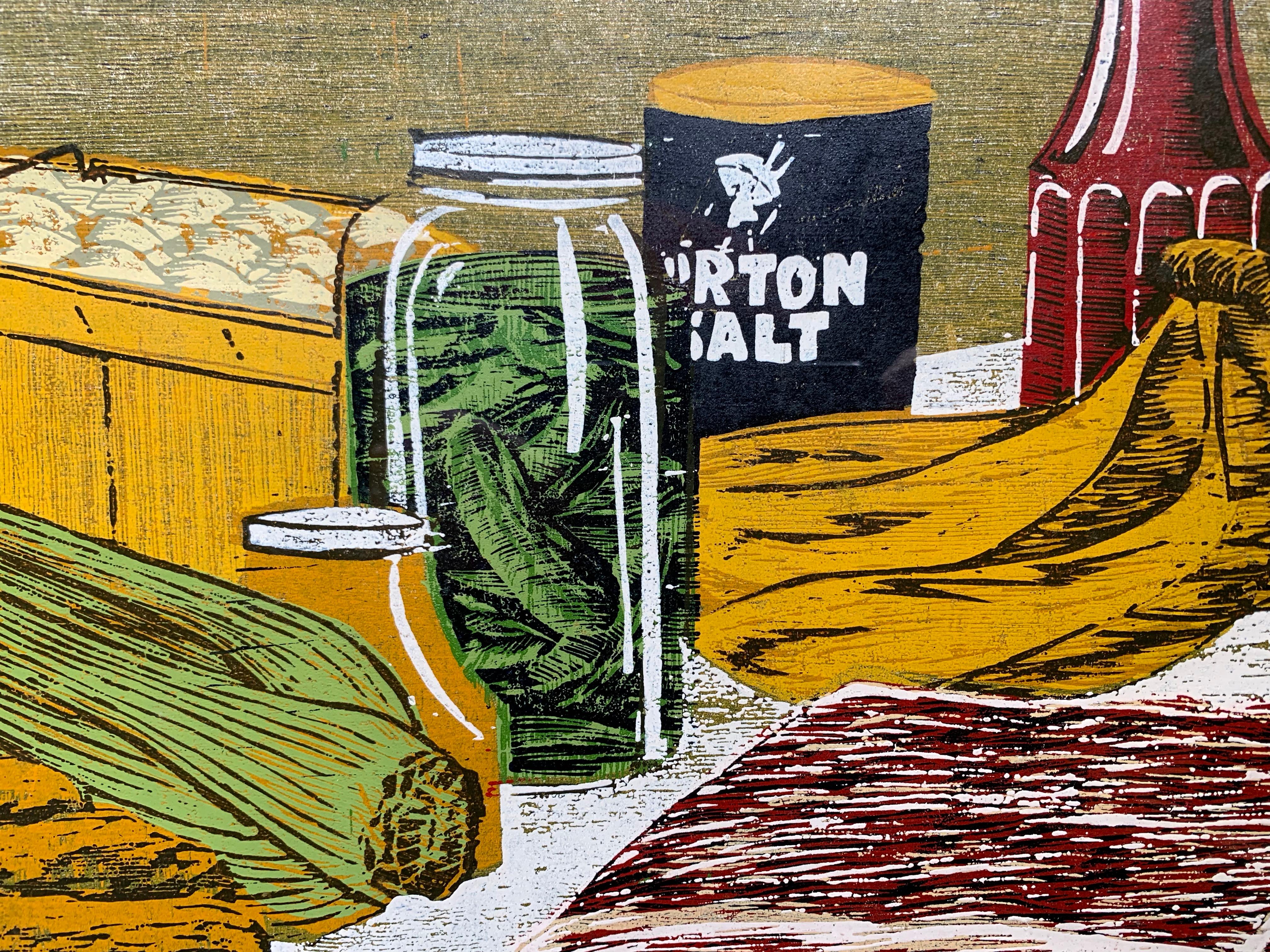 Supermarket Still Life (Pop Art woodblock print). - Brown Still-Life Print by Anthony Lazorko