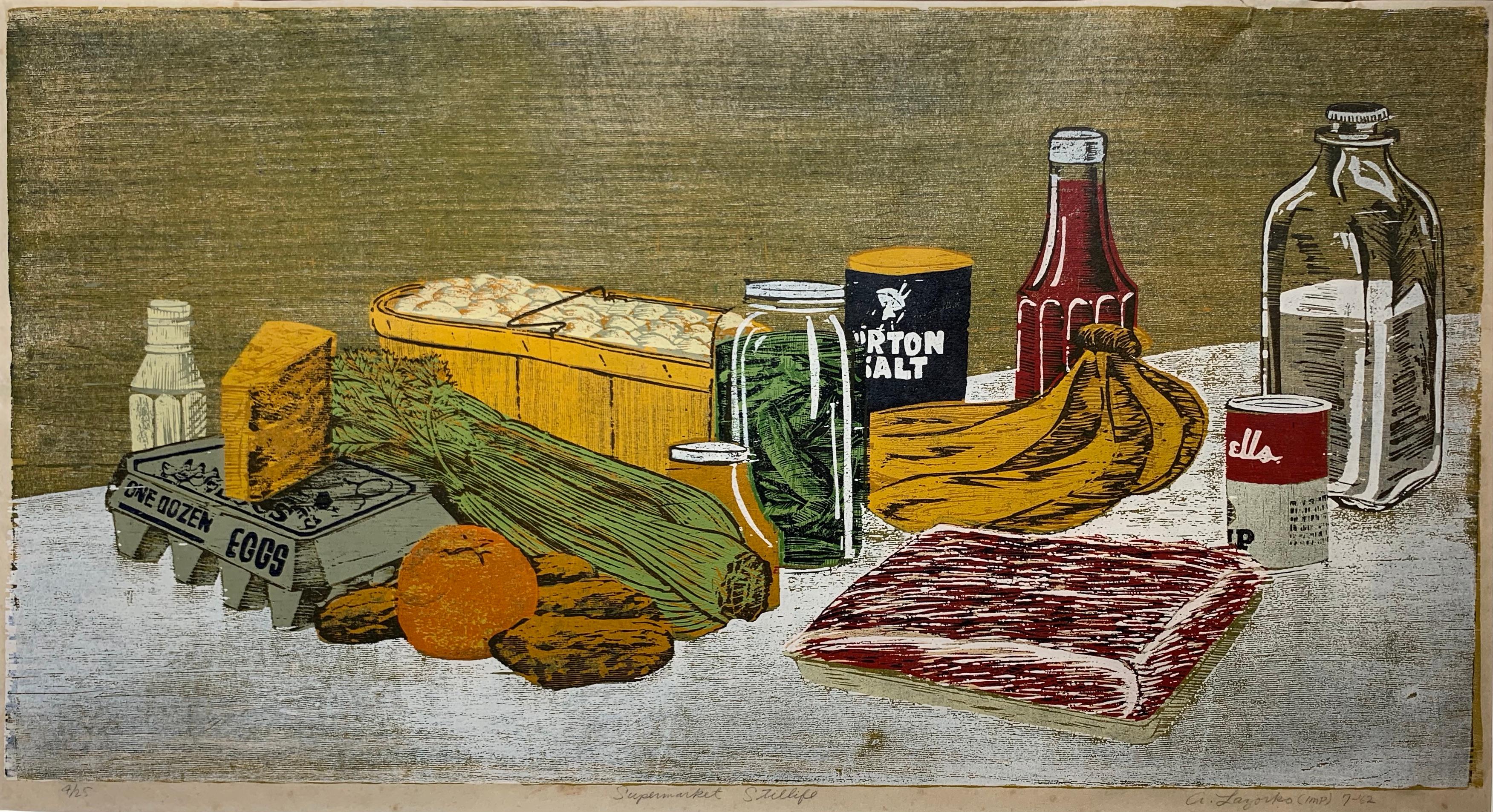 Anthony Lazorko Still-Life Print - Supermarket Still Life (Pop Art woodblock print). 