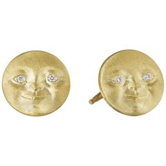 Anthony Lent Diamond Gold Moonface Stud Earrings
