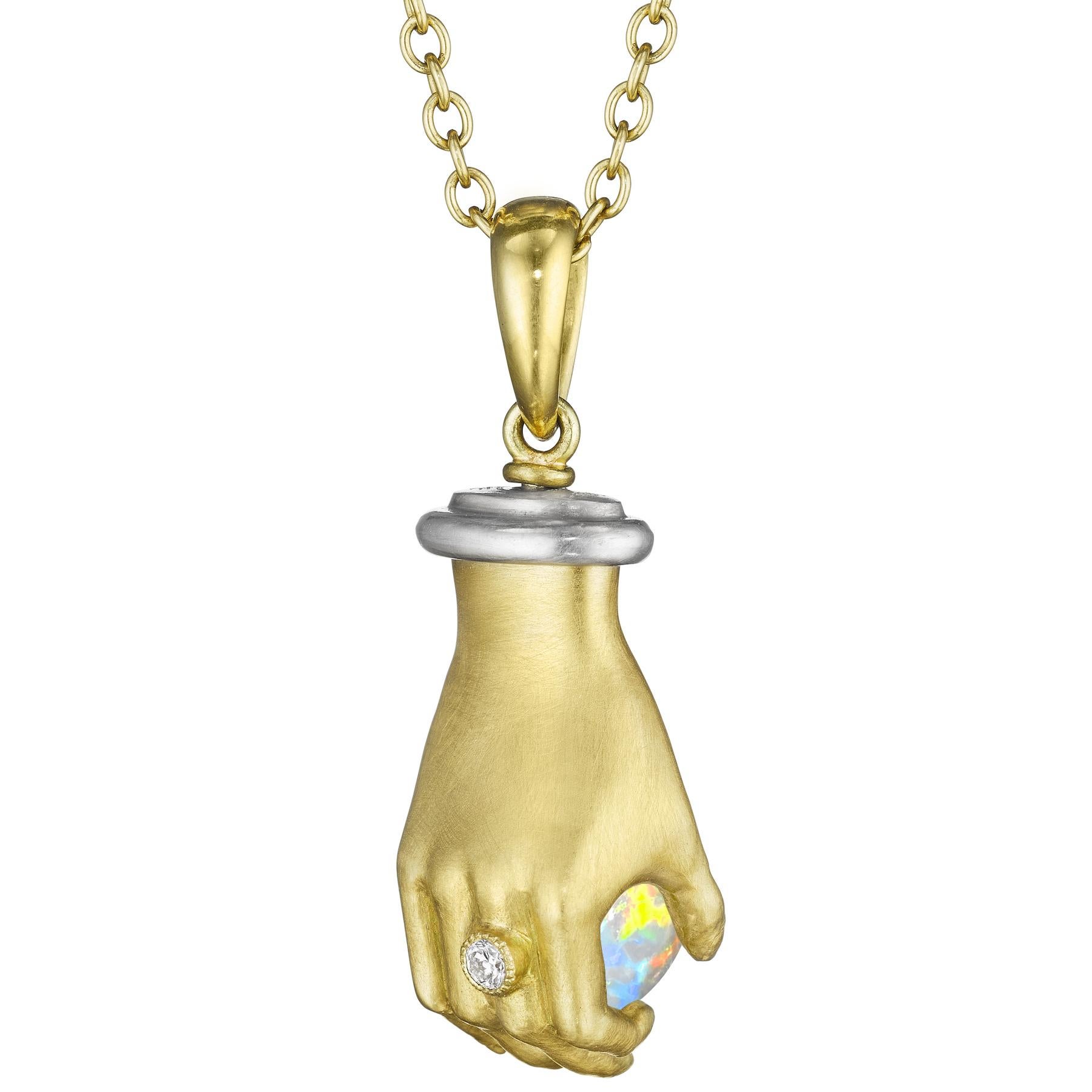 One of a Kind Adorned Hands Necklace by jewelry maker Anthony Lent, hand-fabricated in matte and high-polished 18k yellow gold featuring a hand-cut Ethiopian opal 11mm sphere with a full spectrum of extraordinary color flash, gripped by an