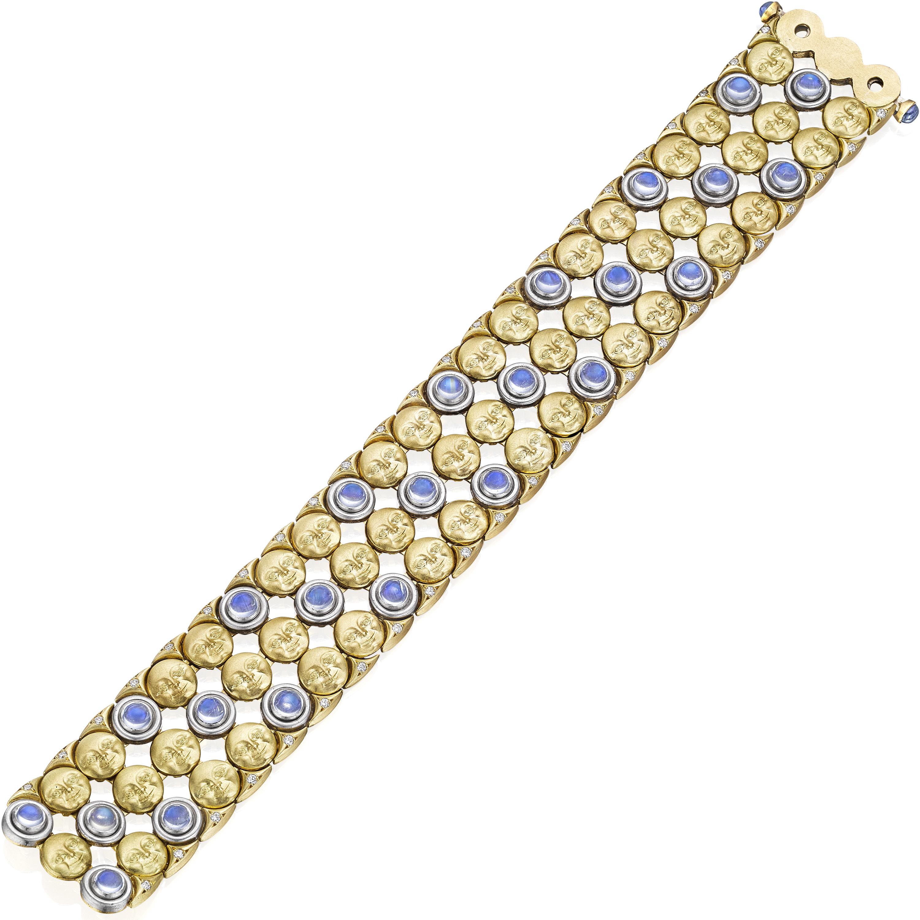One of a Kind Moonface Mesh Bracelet intricately handcrafted by jewelry artist Anthony Lent in platinum, 18k yellow gold, and 18k white gold featuring 5.52 total carats of moonstone and round brilliant-cut white diamonds totaling 1.15 carats. Double