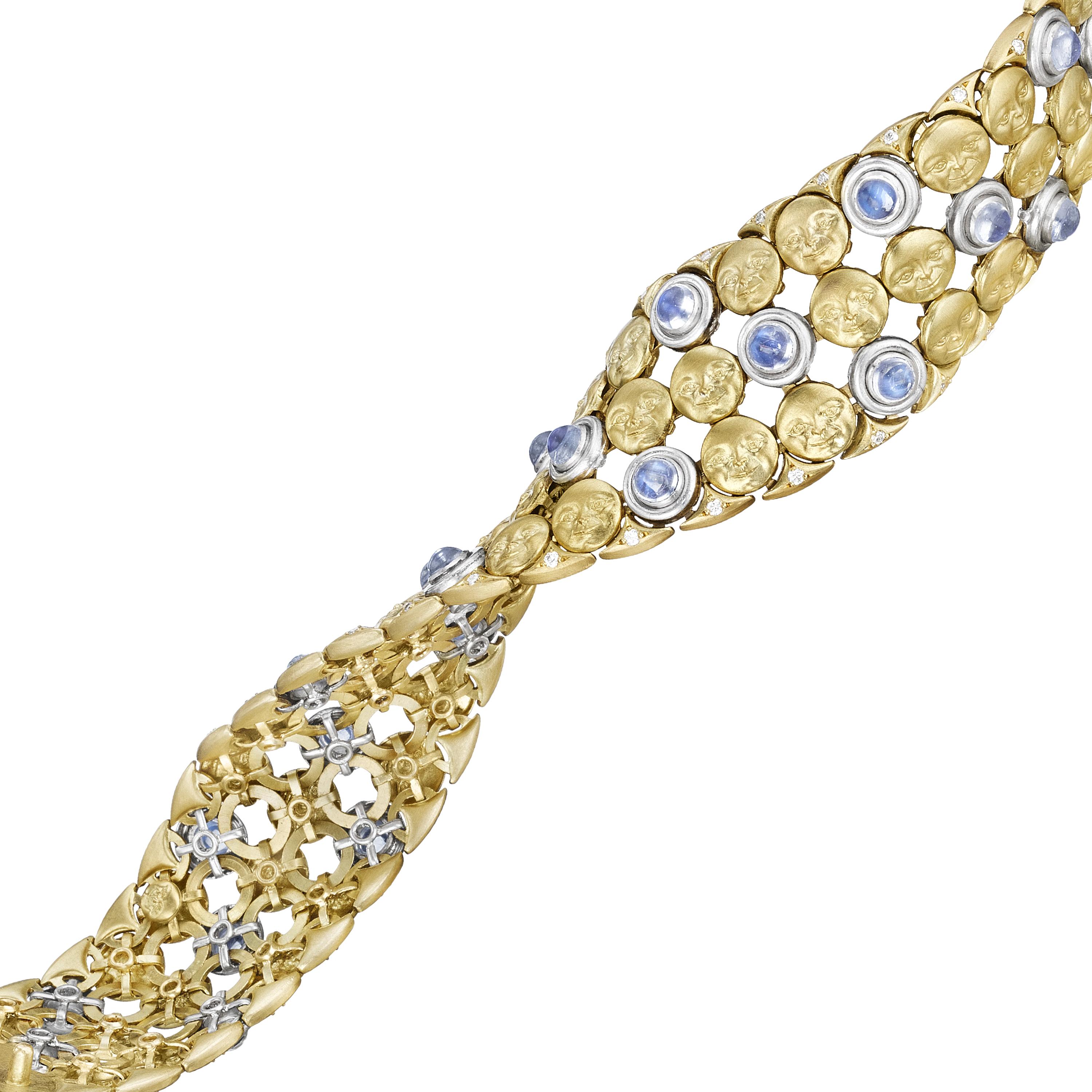 Artisan Anthony Lent Moonstone Diamond Sapphire Platinum Gold Moonface Mesh Bracelet