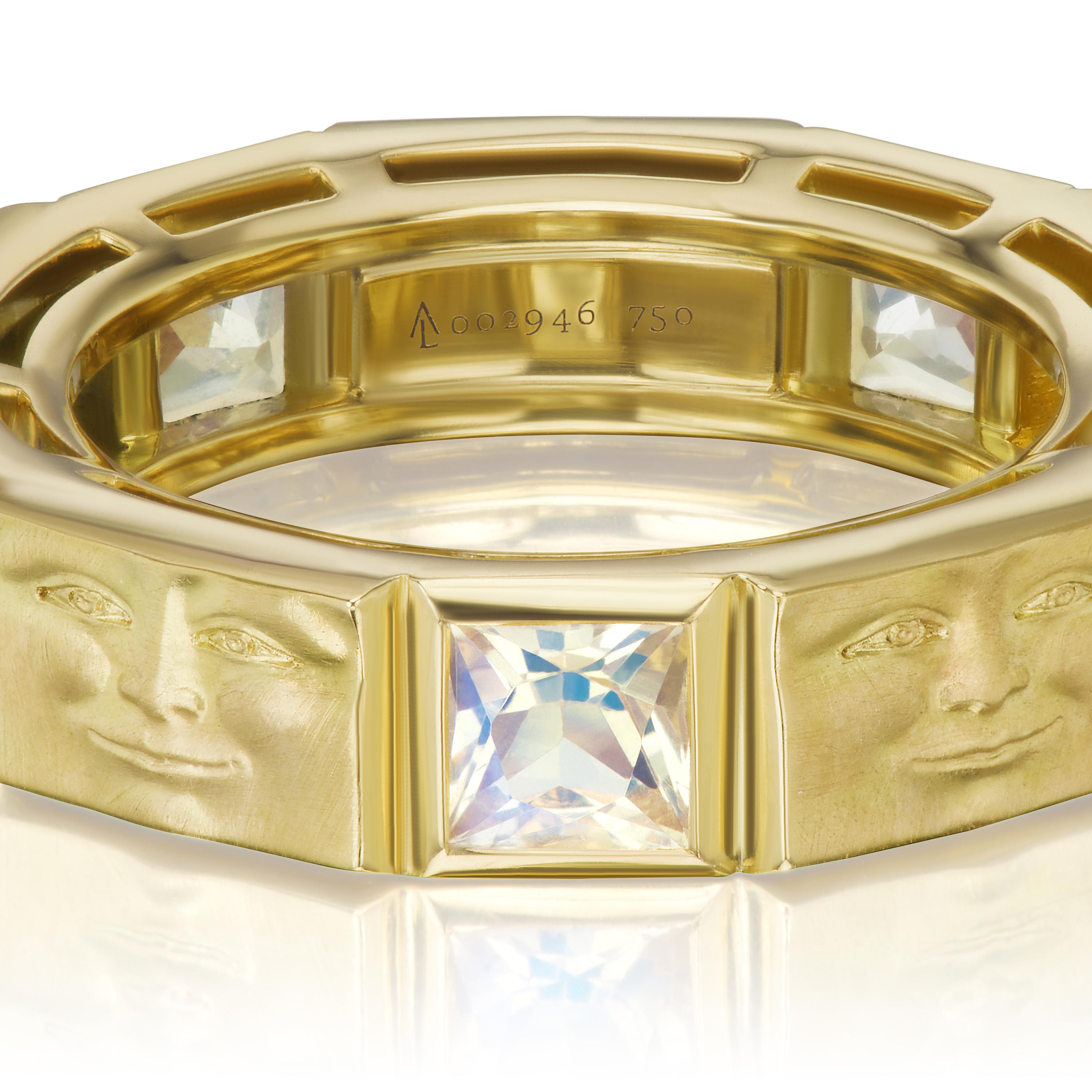 Eternity Brickface Band by jewelry maker Anthony Lent hand-fabricated in matte and high-polished 18k yellow gold featuring five beautifully-matched princess-cut moonstones. Size 5.75+ (can be sized). Stamped and hallmarked - AL - 002946 (serial