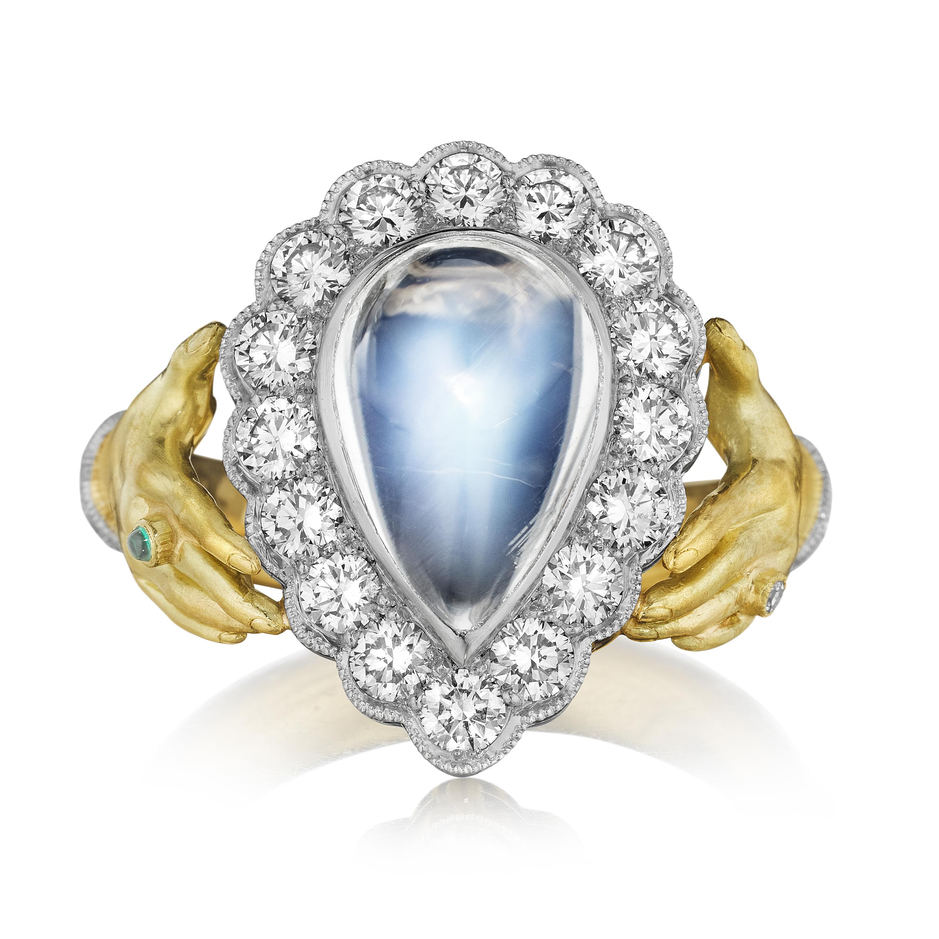 One of a Kind Adorned Hands Ring by jewelry artist Anthony Lent handmade in 18k yellow gold and platinum featuring a spectacular 6.80 carat pear-shaped rainbow moonstone and accented with 1.67 total carats of top quality round brilliant-cut white