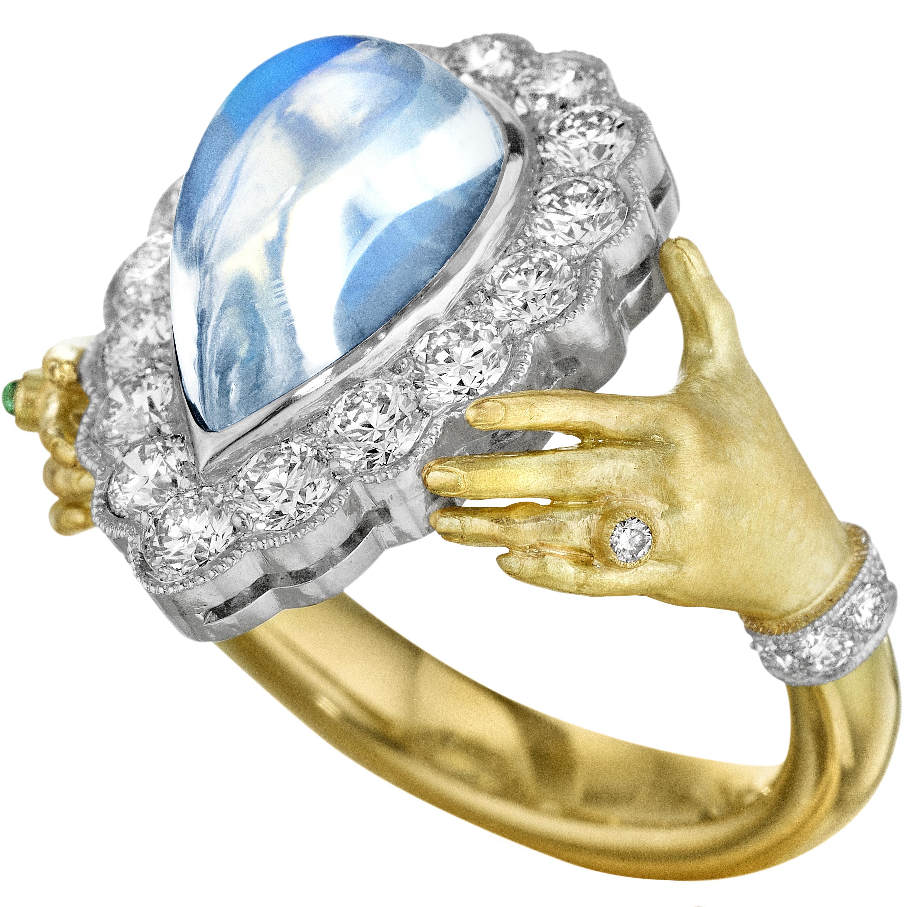 Anthony Lent Rainbow Moonstone Diamond Emerald Platinum Gold Adorned Hands Ring