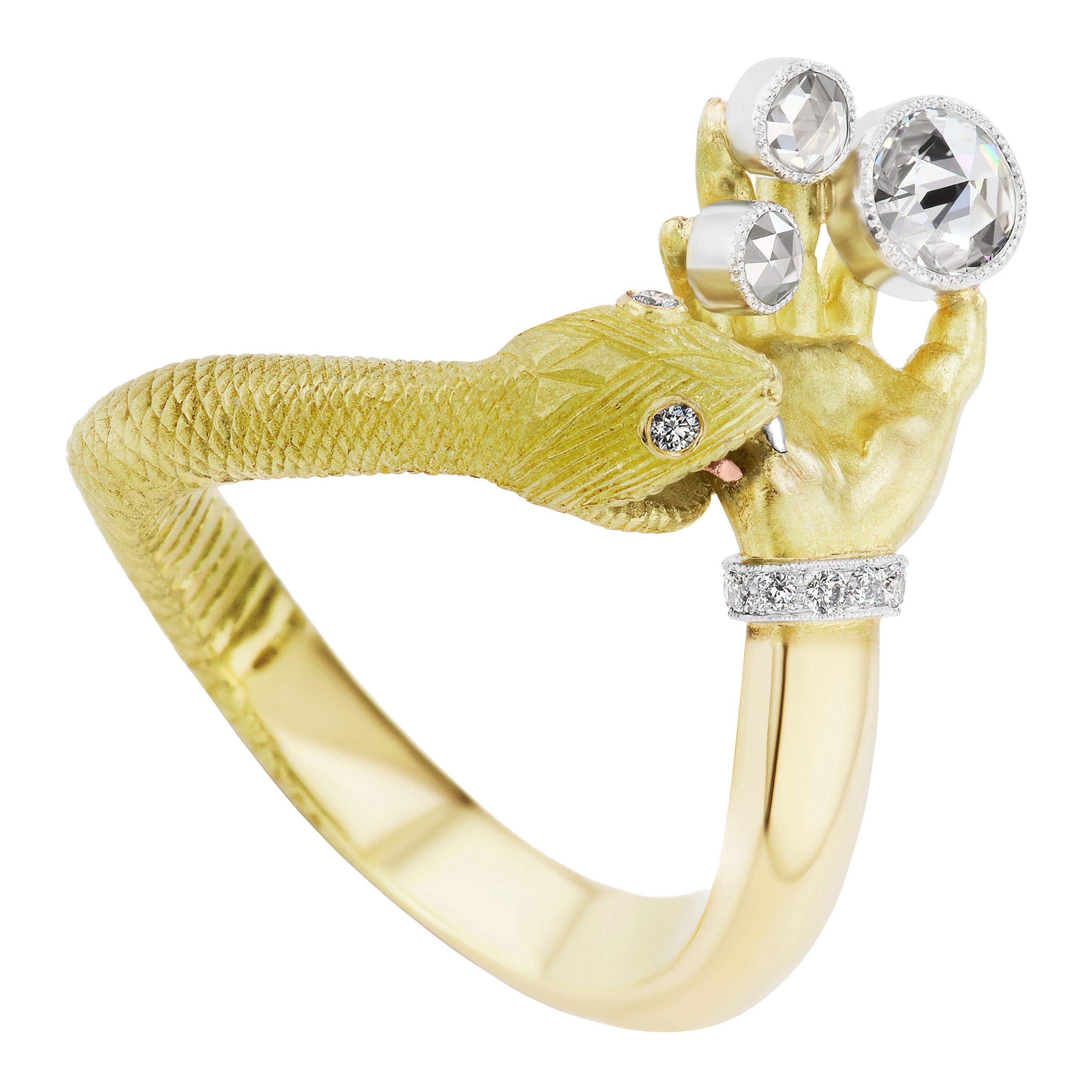 Anthony Lent Rose and Brilliant-Cut White Diamond Platinum Gold Snakebite Ring