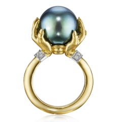 Anthony Lent Tahitian Pearl White Diamond Platinum Gold Adorned Hands Ring