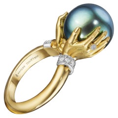 Anthony Lent Tahitian Pearl White Diamond Platinum Gold Adorned Hands Ring