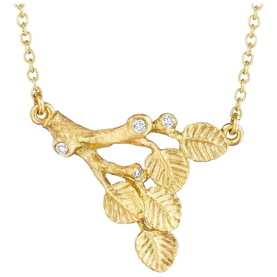 Brilliant White Diamond Yellow Gold Leafy Branch Drop Necklace, Anthony Lent