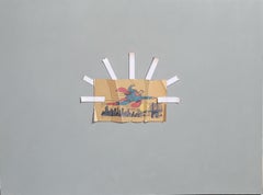 "A City Upon a Hill" trompe l'oeil oil painting of comic clip taped on grey wall
