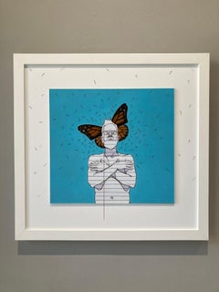 "Un ritratto dell'artista" dipinto a olio note a righe surrealiste e lettere con timbro