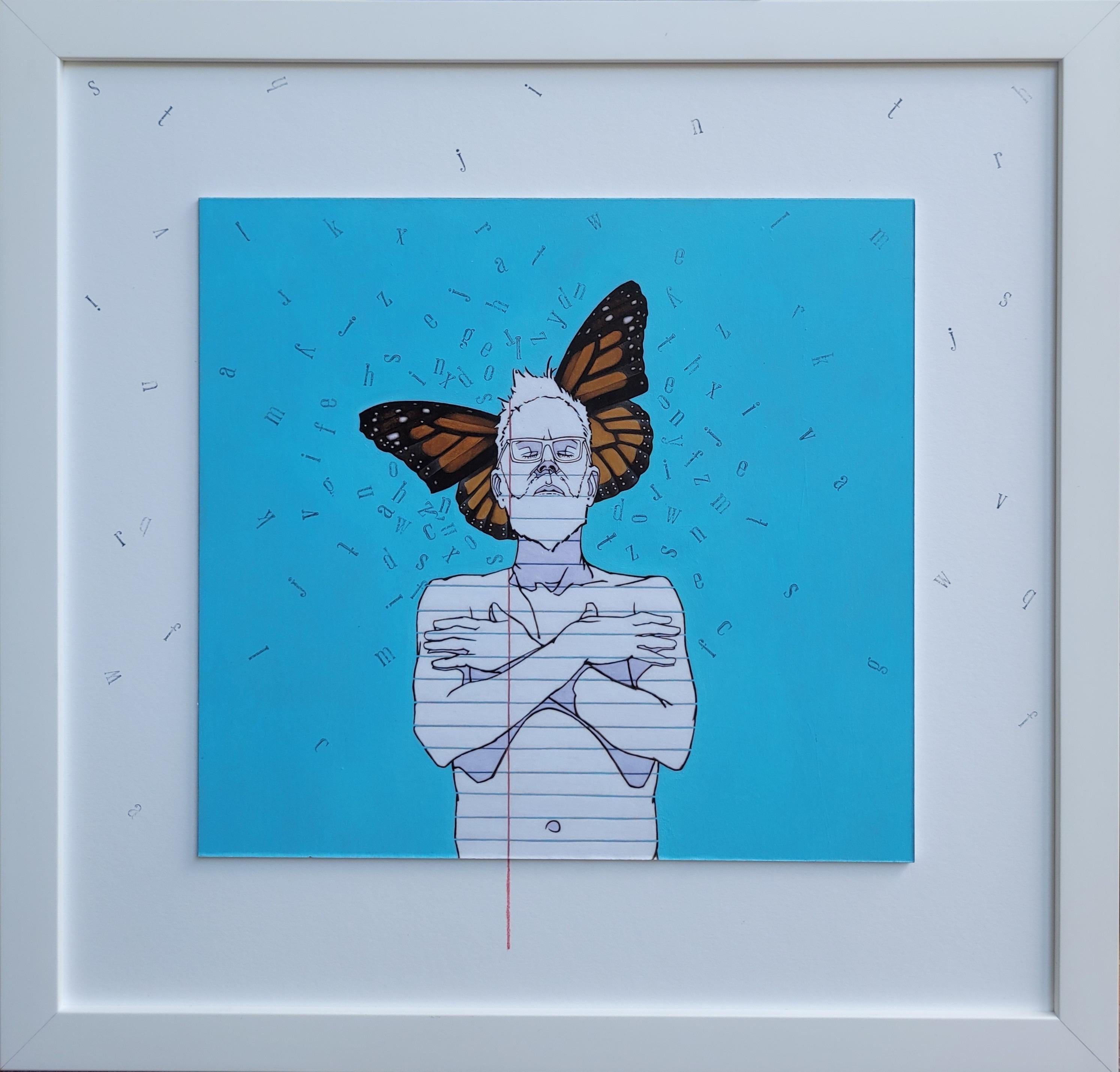Figurative Painting de Anthony Mastromatteo - "Un retrato del artista" pintura al óleo surrealista notas rayadas y cartas con sello
