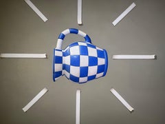 “Epiphany” hyperrealist oil painting of blue checkered pitcher, signed on verso