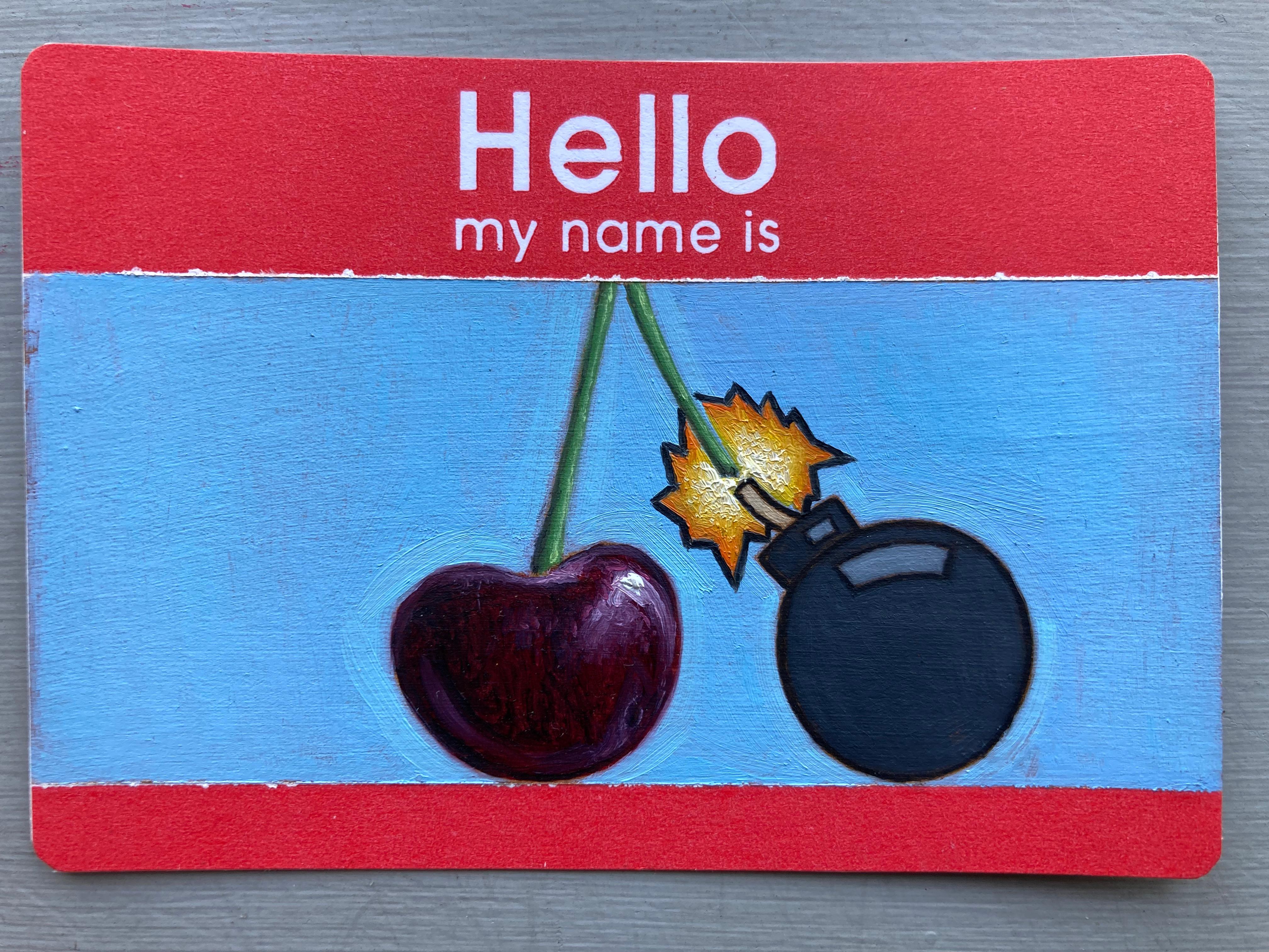 Hello, My Name Is: Cherry Bomb - Miniatur-Piktogramm auf Papier (Fotorealismus), Mixed Media Art, von Anthony Mastromatteo