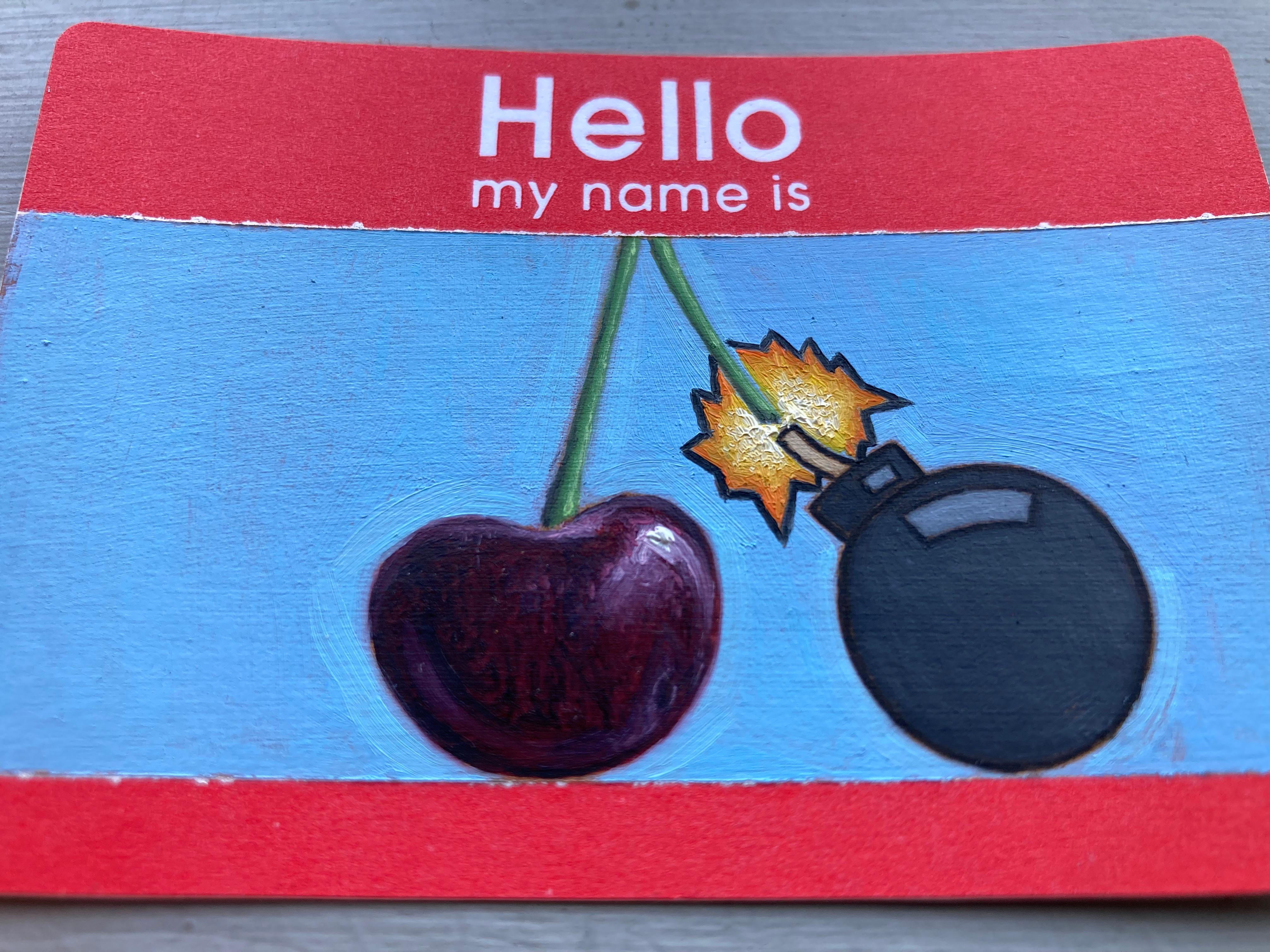 Hello, My Name Is: Cherry Bomb - miniature pictograph painting on paper For Sale 3