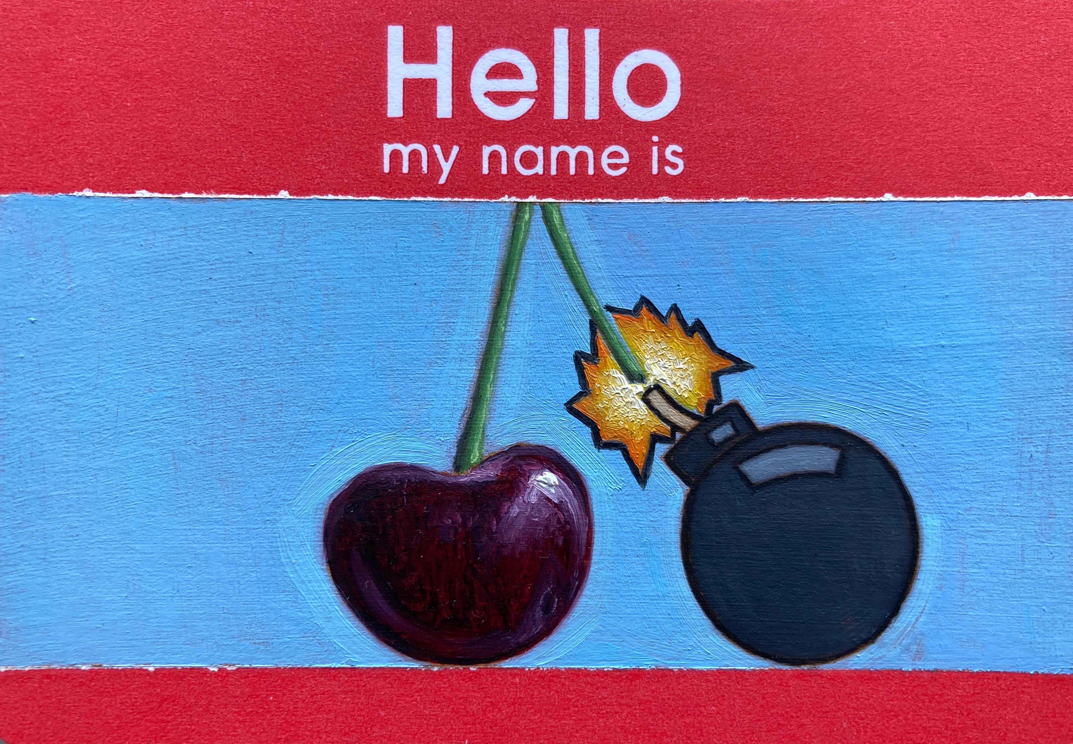 Hello, My Name Is: Cherry Bomb - Miniatur-Piktogramm auf Papier – Mixed Media Art von Anthony Mastromatteo