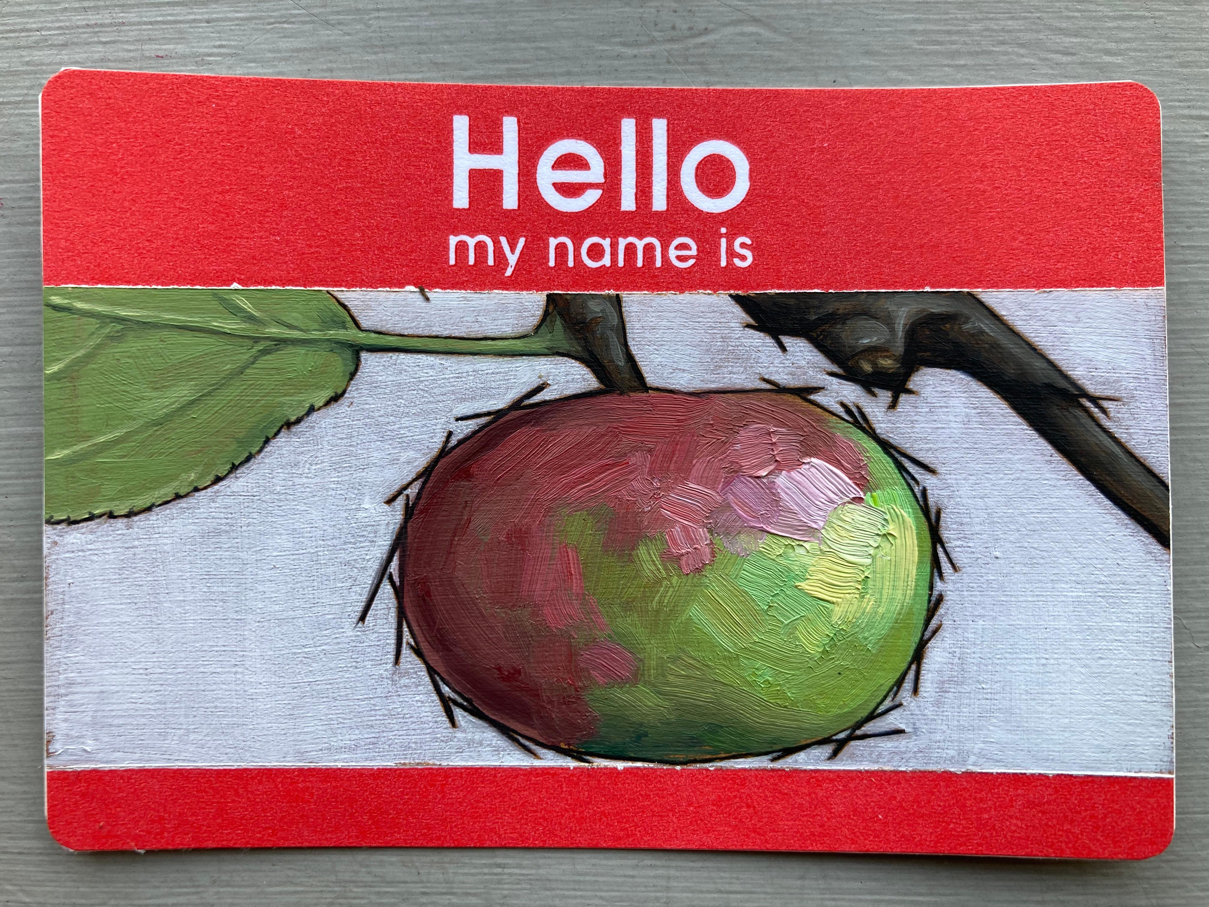Hello, My Name Is: Crab Apple - miniature pictograph painting on paper - Photorealist Painting by Anthony Mastromatteo