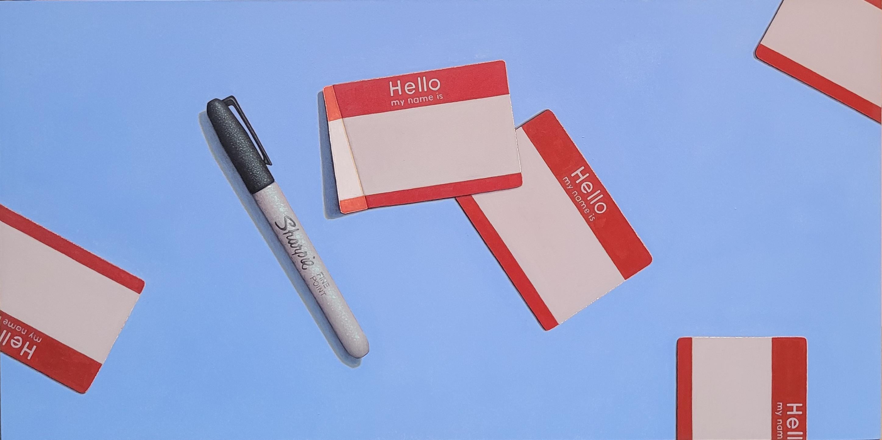 "Hello, My Name Is" trompe l'oeil oil painting of nametags and sharpie on blue