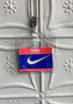 Hello, My Name Is: Nike - miniature pictograph oil painting on paper sport brand