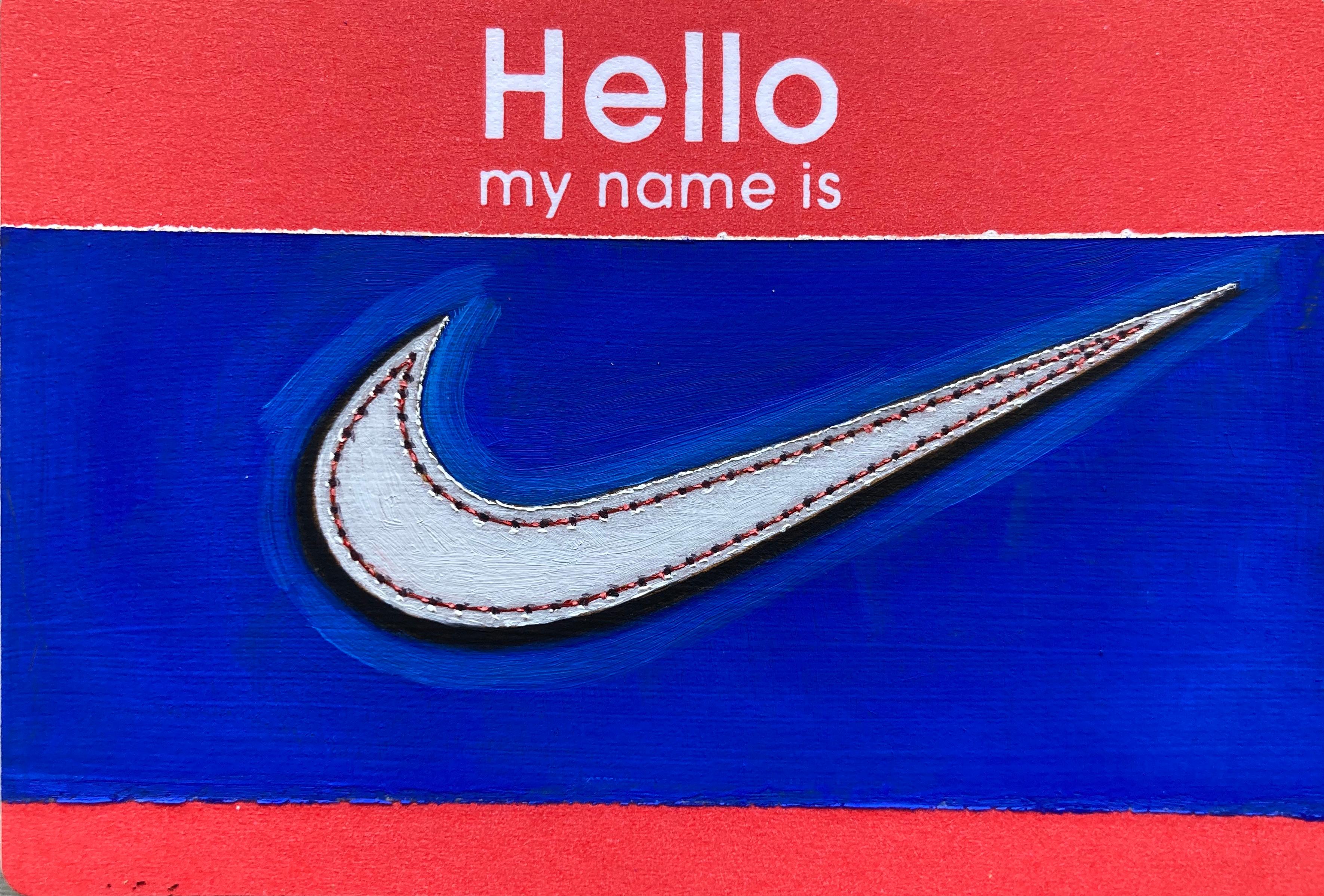 Anthony Mastromatteo Still-Life Painting - Hello, My Name Is: Nike - miniature pictograph painting on paper