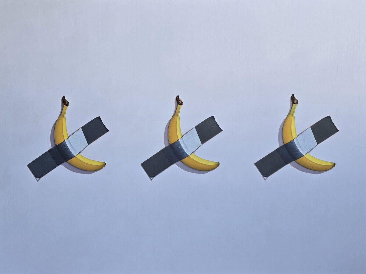 Anthony Mastromatteo Still-Life Painting – "Monokultur" hyperrealistisches Ölgemälde von Maurizio Cattelans Bananen