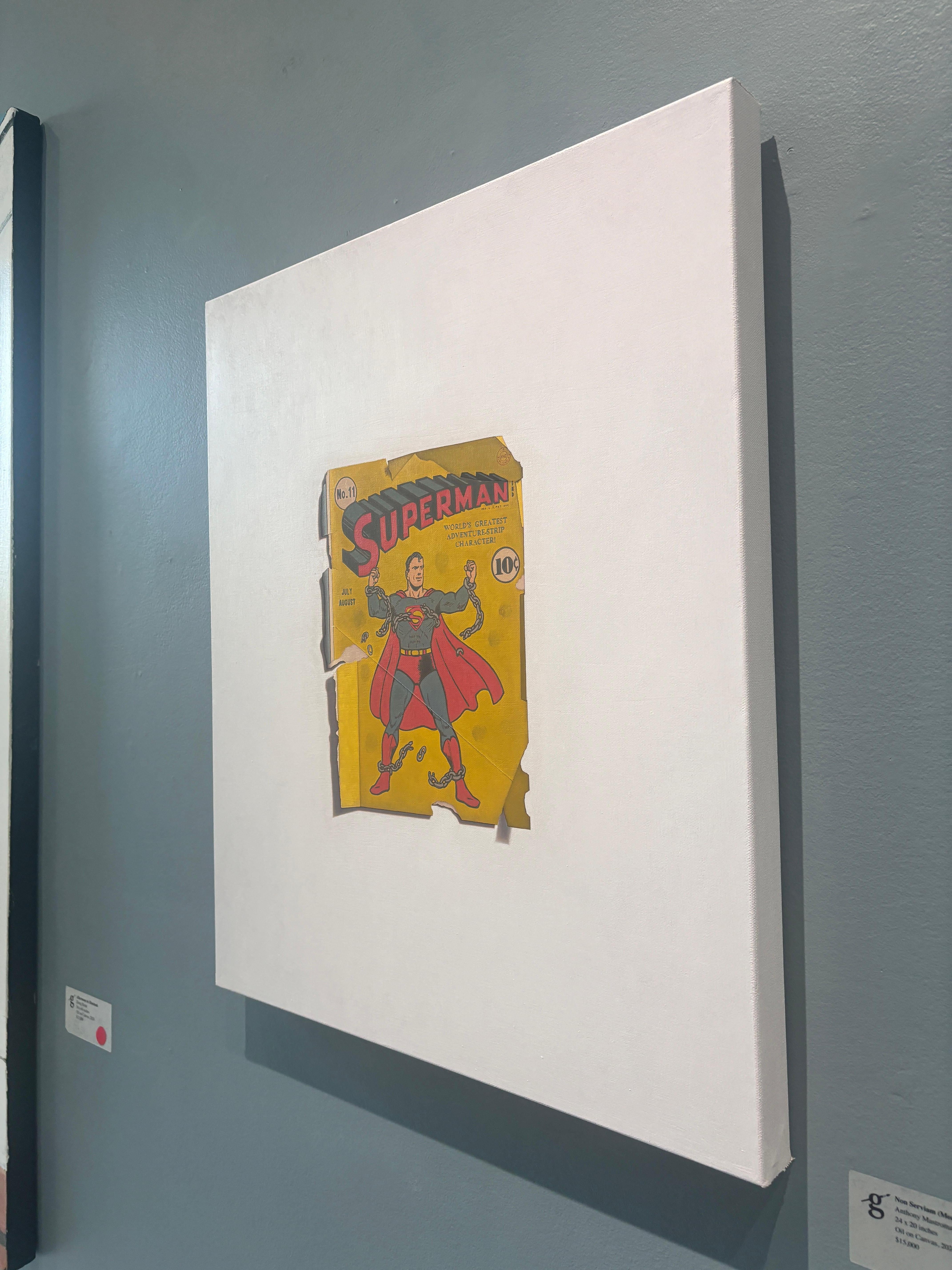 An oil painting by American artist Anthony Mastromatteo. Although it looks like a  tattered old comic fixed to the wall, it's actually all oil paint. 