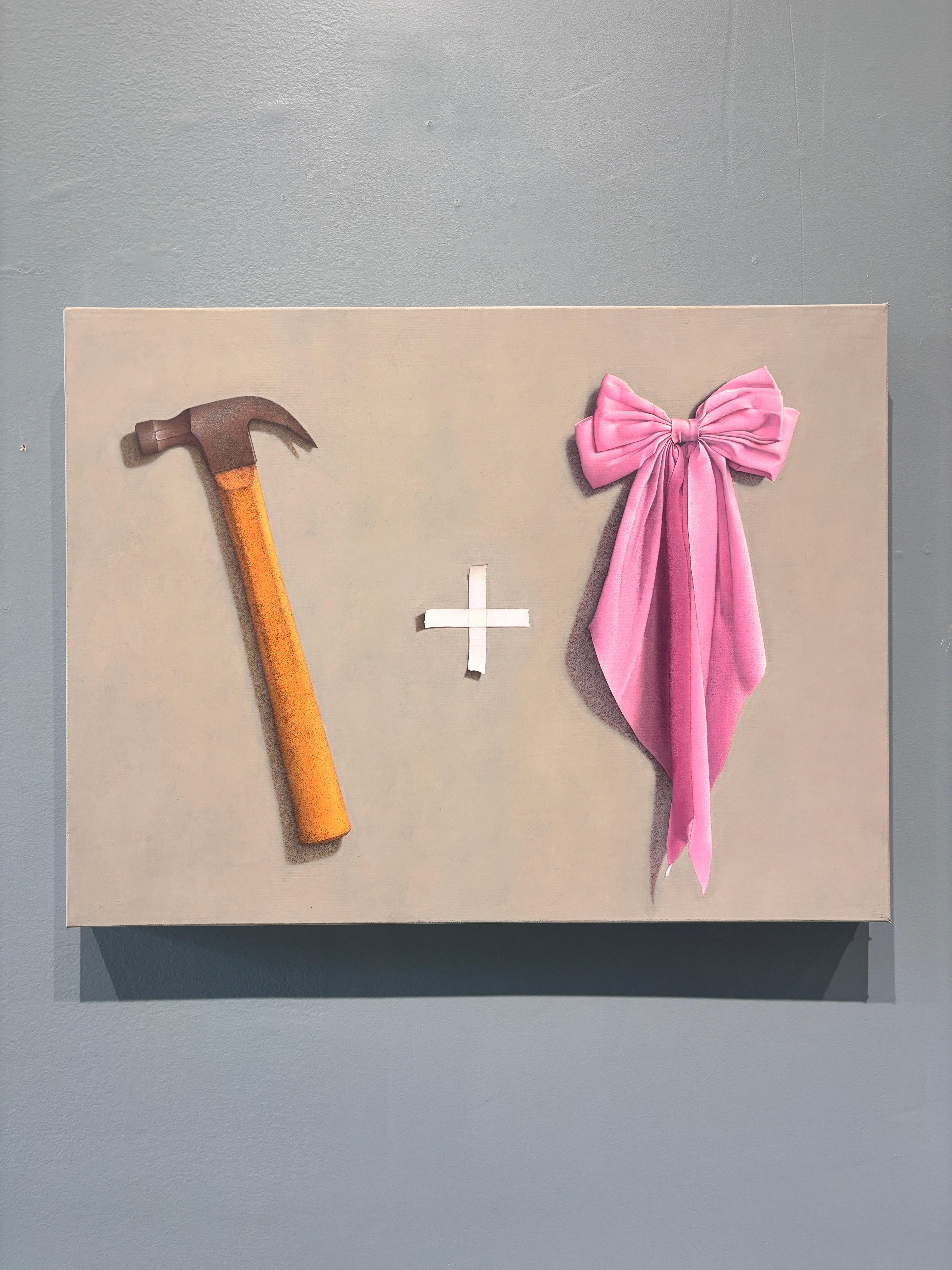“On Art: A Manifesto” hyperrealist oil painting, hammer and pink bow, cool tones - Painting by Anthony Mastromatteo