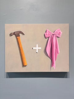 “On Art: A Manifesto” hyperrealist oil painting, hammer and pink bow, cool tones