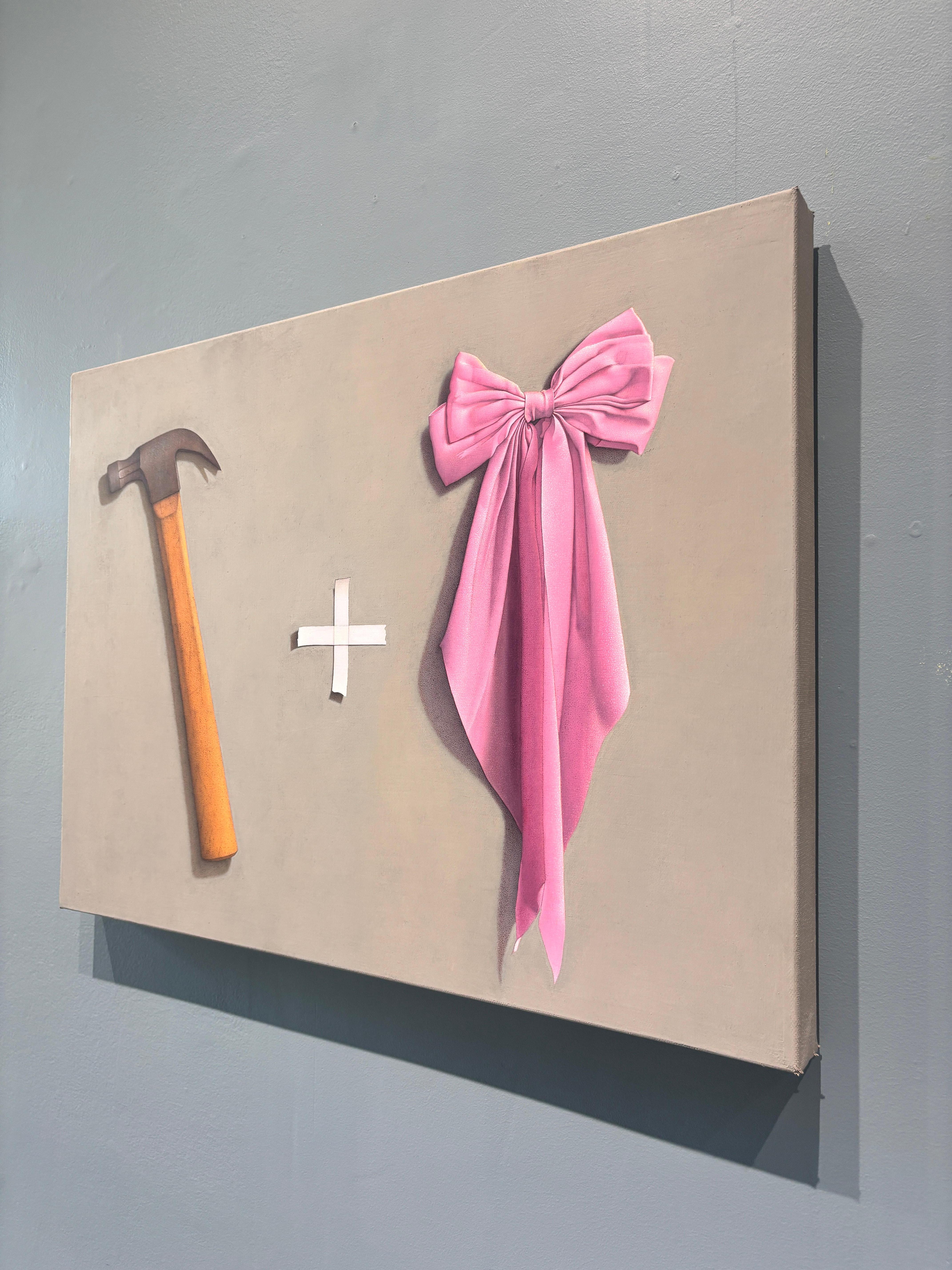 “On Art: A Manifesto” hyperrealist oil painting, hammer and pink bow, cool tones - Realist Painting by Anthony Mastromatteo