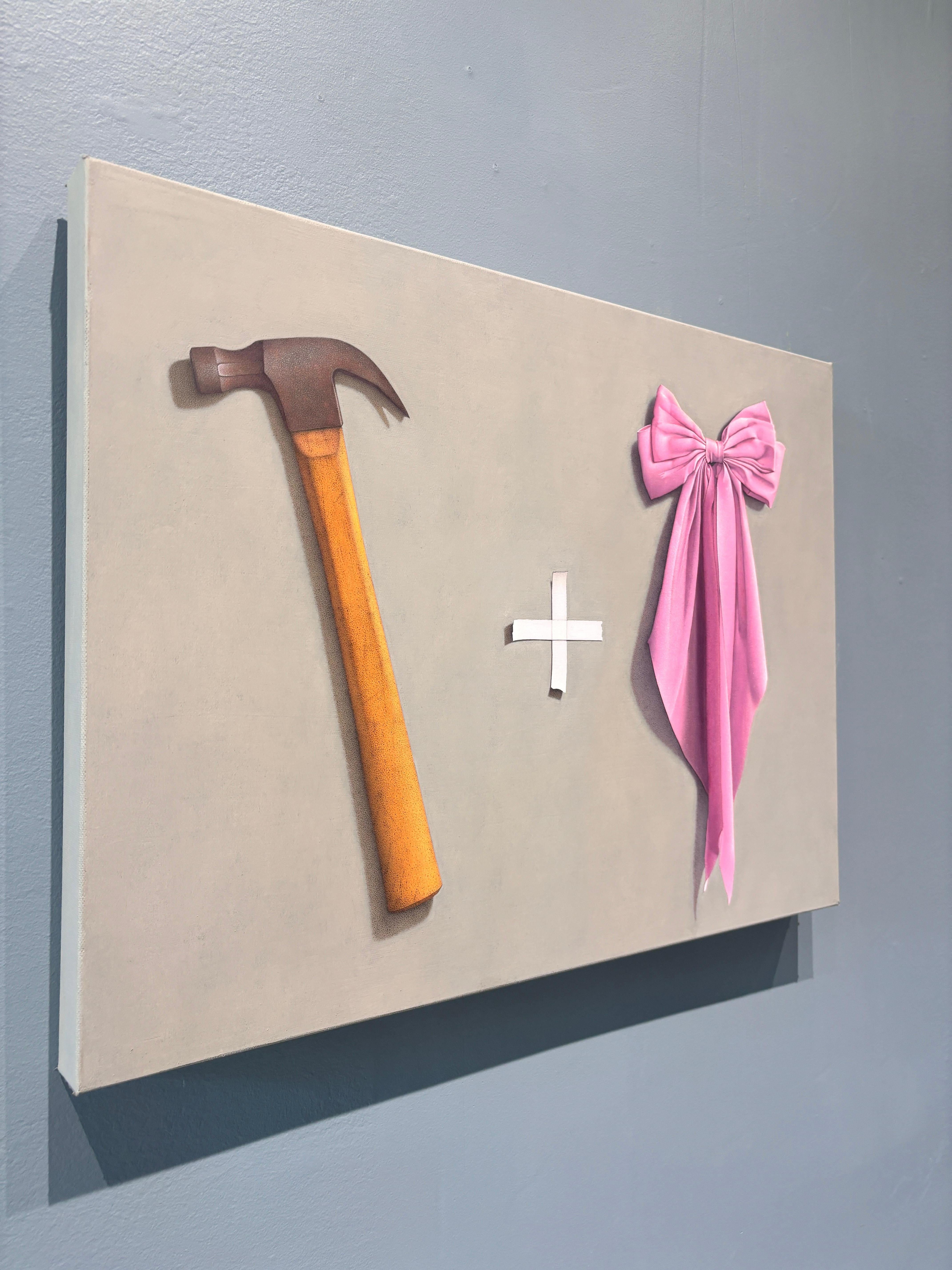 “On Art: A Manifesto” hyperrealist oil painting, hammer and pink bow, cool tones - Gray Still-Life Painting by Anthony Mastromatteo