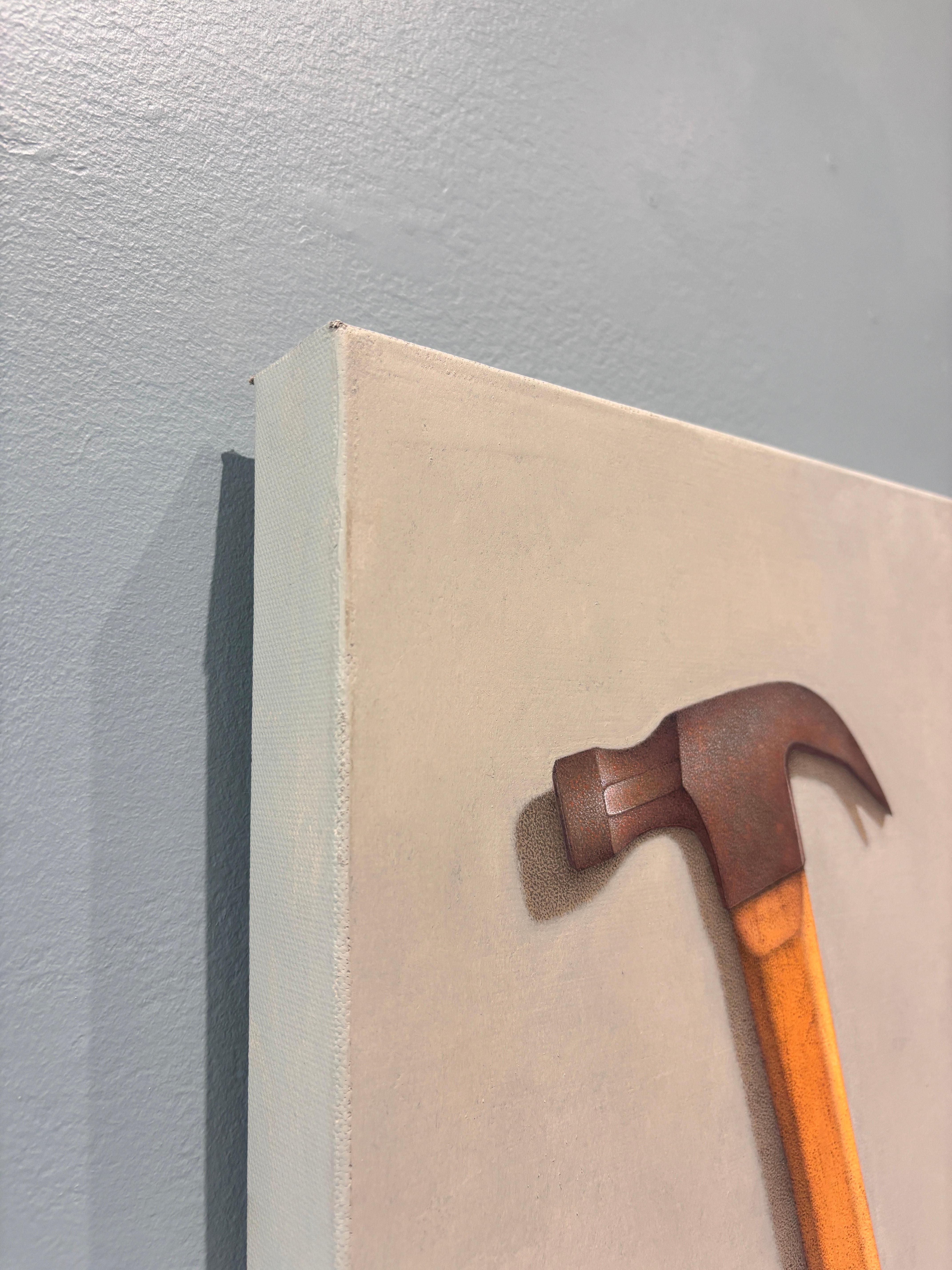 An oil painting of two items, a hammer, and a pink bow. Hyperrealistically painted. Unframed. Signed 
