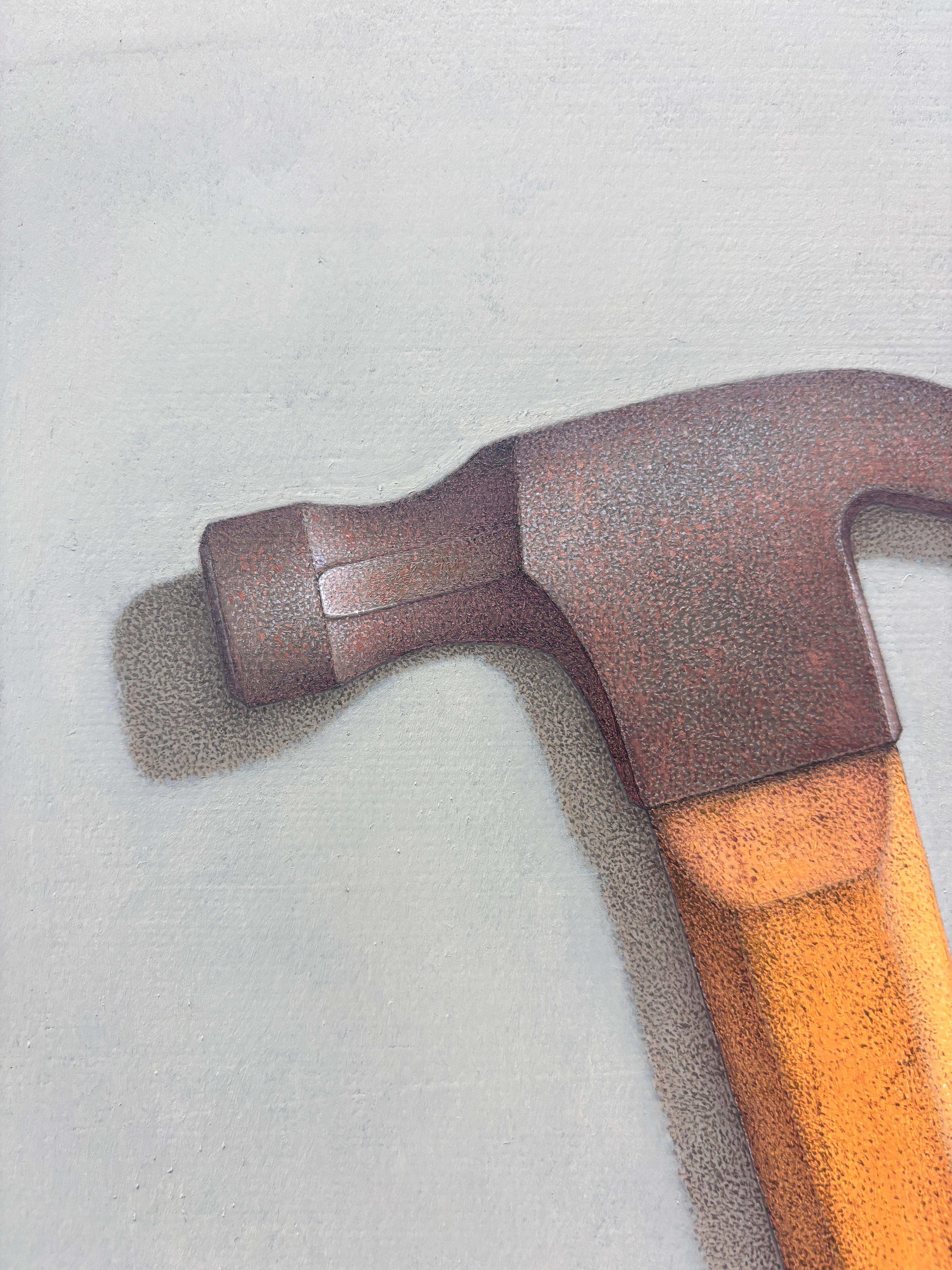 “On Art: A Manifesto” hyperrealist oil painting, hammer and pink bow, cool tones For Sale 1