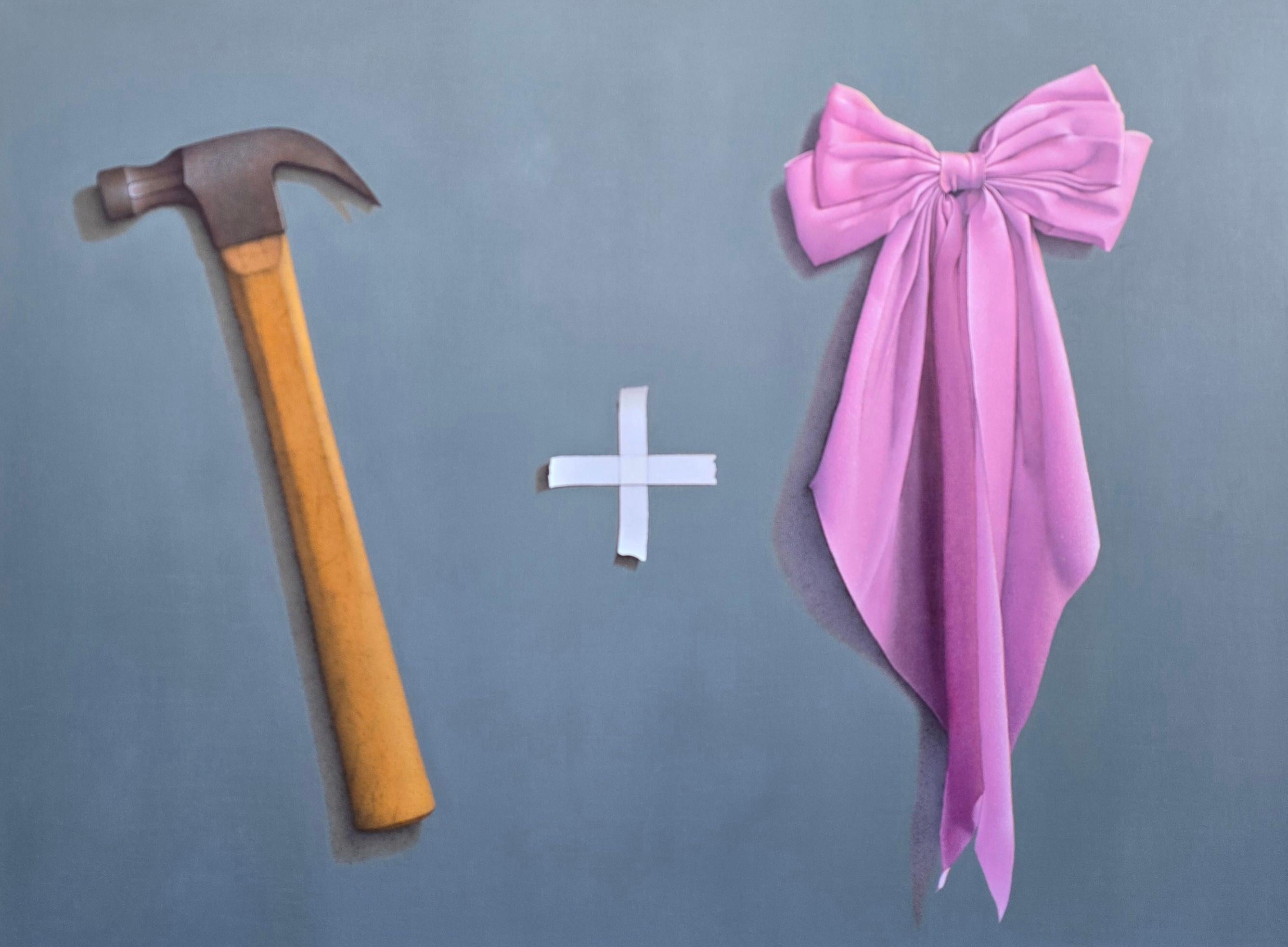 Anthony Mastromatteo Still-Life Painting - “On Art: A Manifesto” hyperrealist oil painting, hammer and pink bow, cool tones