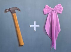 “On Art: A Manifesto” hyperrealist oil painting, hammer and pink bow, cool tones