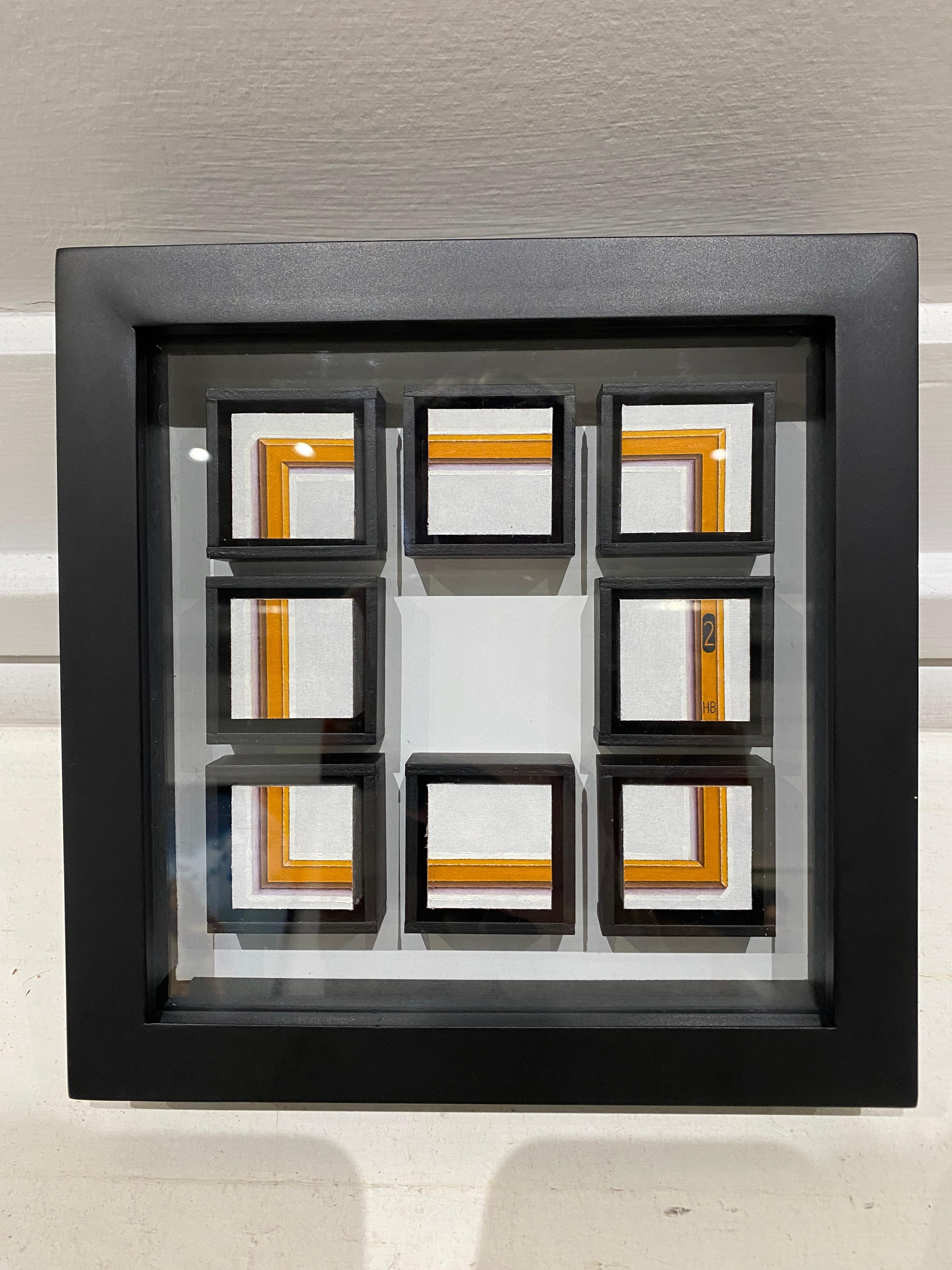 Ein unendlicher Bleistift Nr. 2 ist in acht quadratischen, schwebenden Trompe-l'Oeil-Rahmen auf einem leeren Hintergrund abgebildet. 