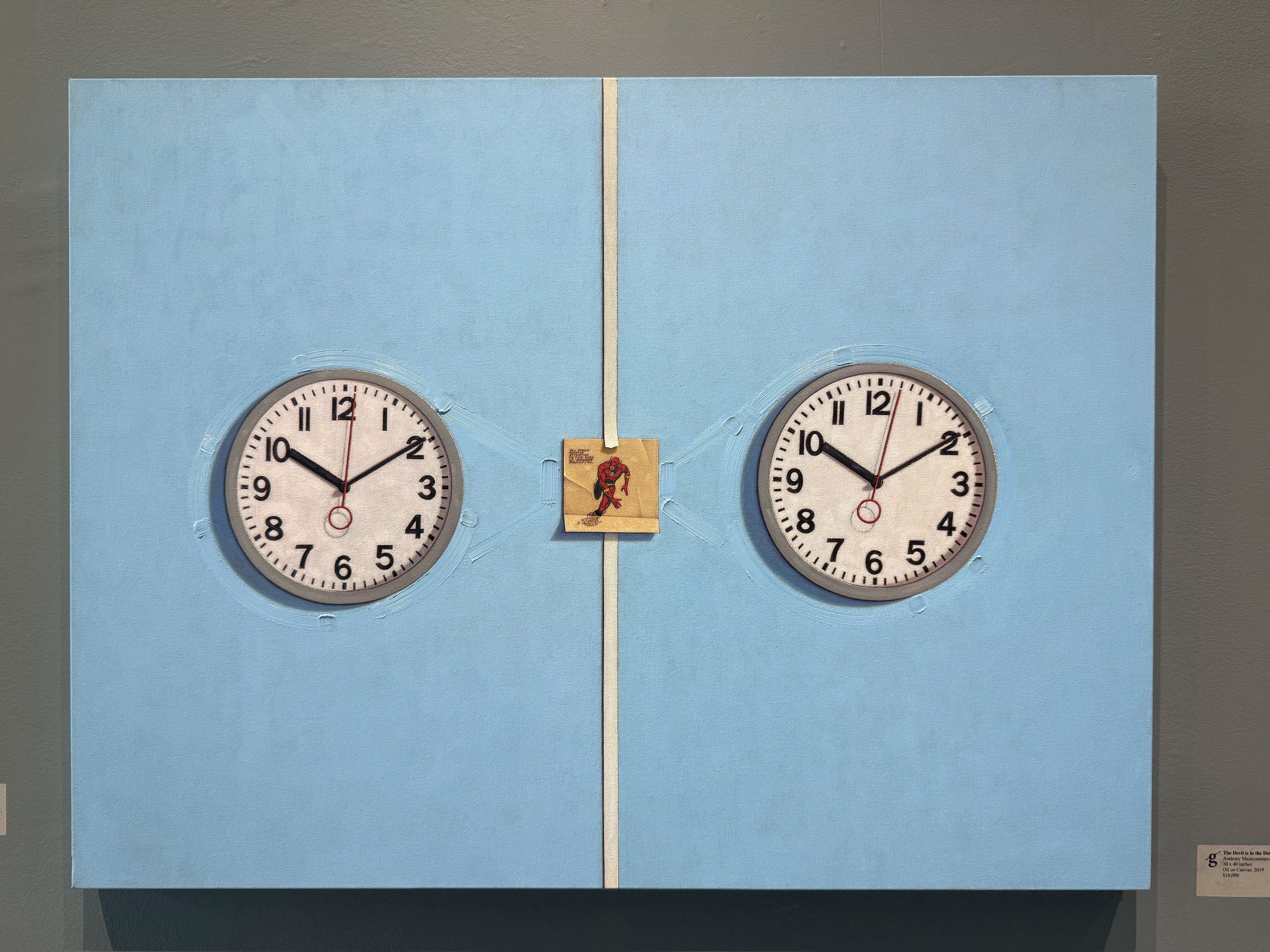 “The Devil is in the Details” oil painting of two clocks, 1 second flash comic - Painting by Anthony Mastromatteo