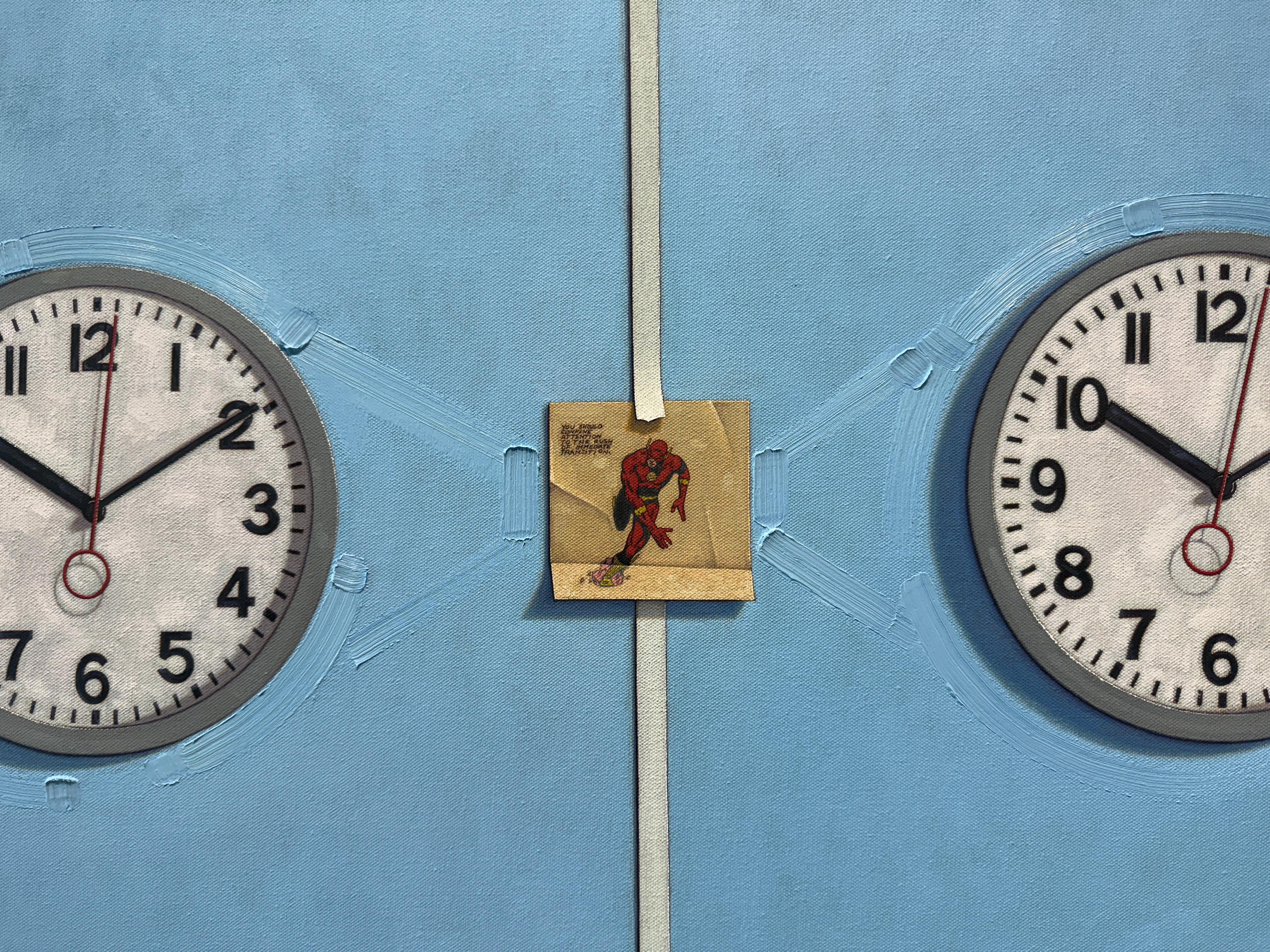 “The Devil is in the Details” oil painting of two clocks, 1 second flash comic - Blue Still-Life Painting by Anthony Mastromatteo