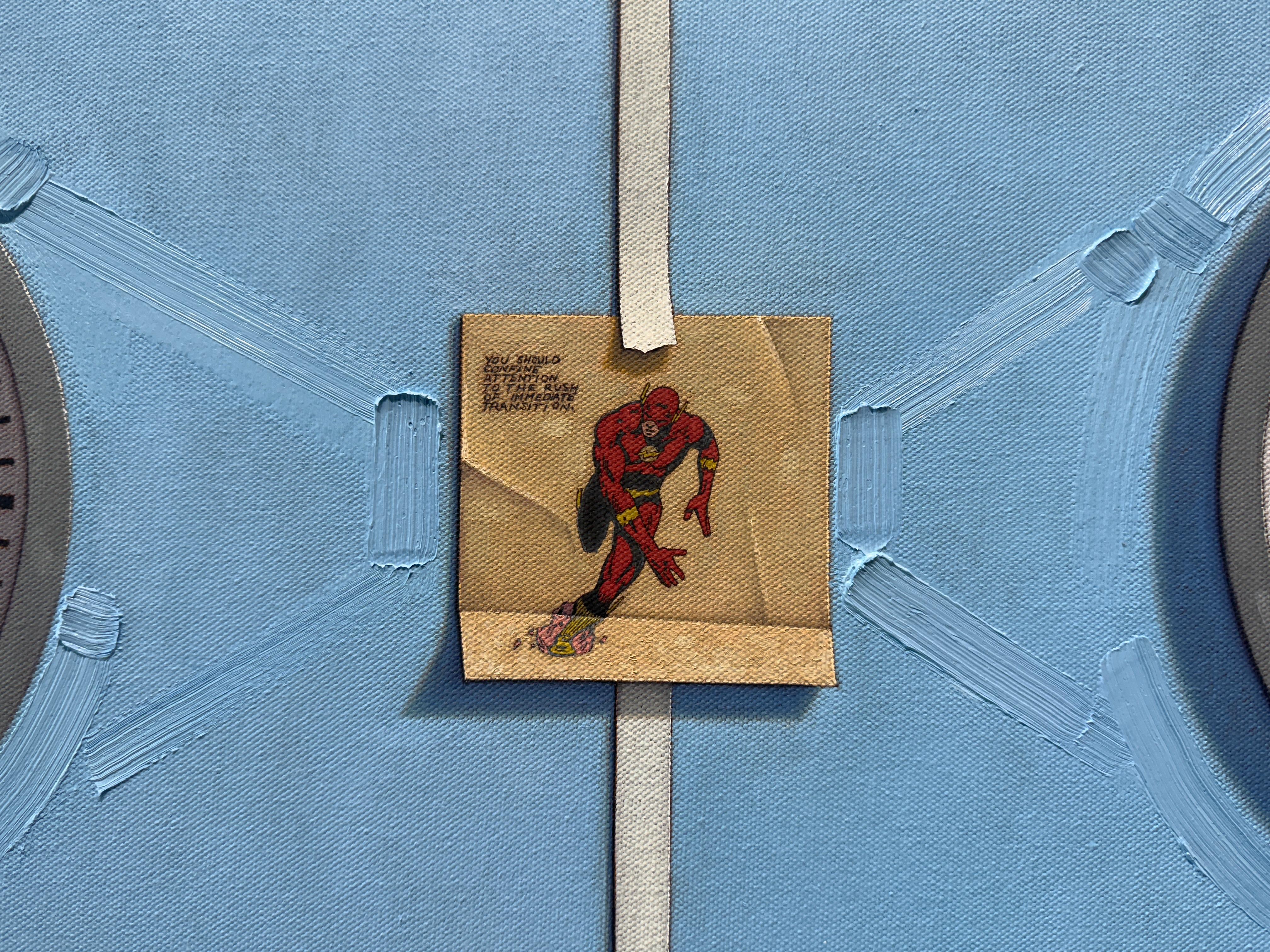 A clever oil painting, composed of two nearly identical clocks on a blue background. The only difference? The passing of a single second. Between both clocks, is a square clipping of a comic - featuring superhero 