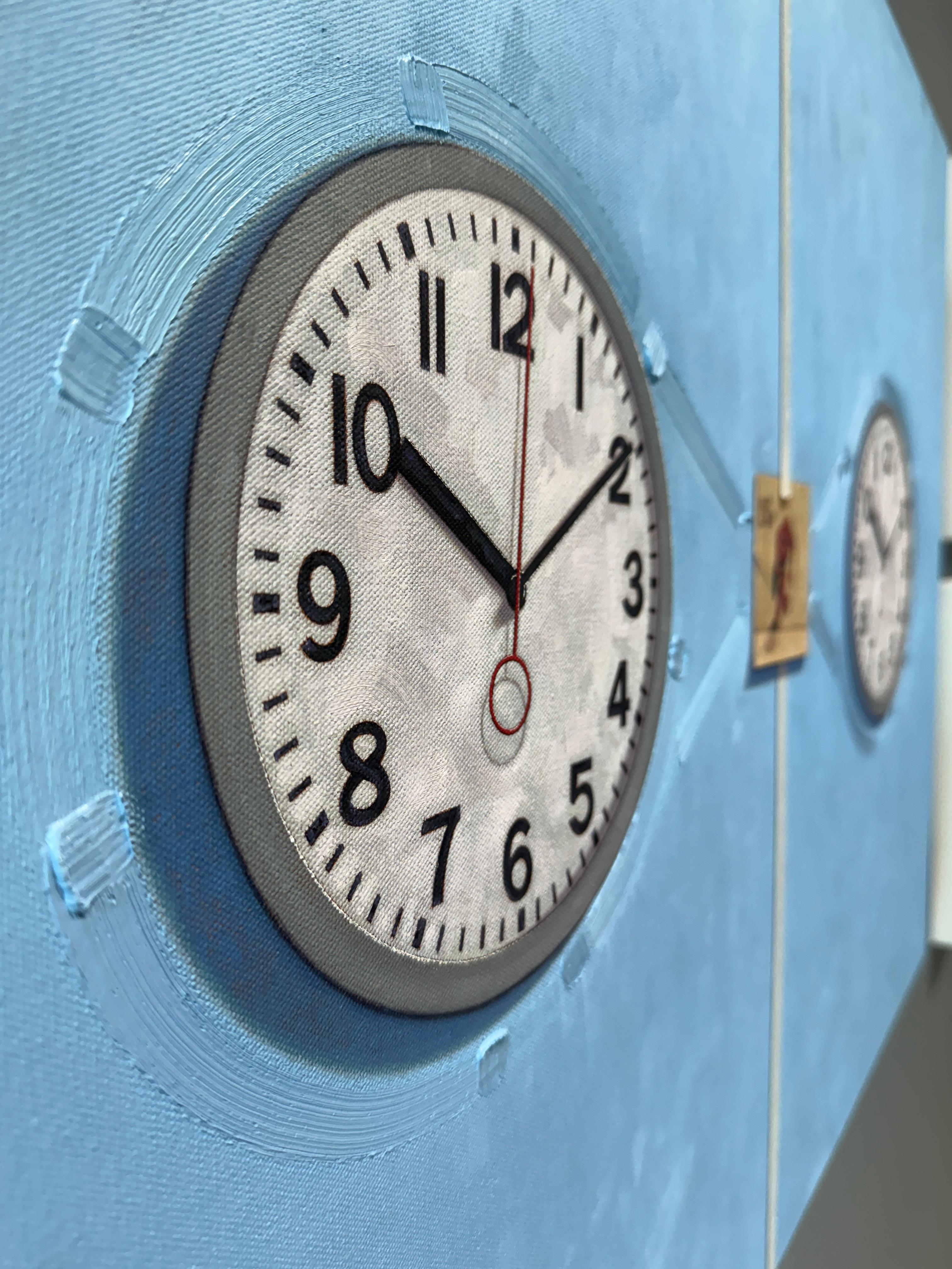 “The Devil is in the Details” oil painting of two clocks, 1 second flash comic For Sale 3