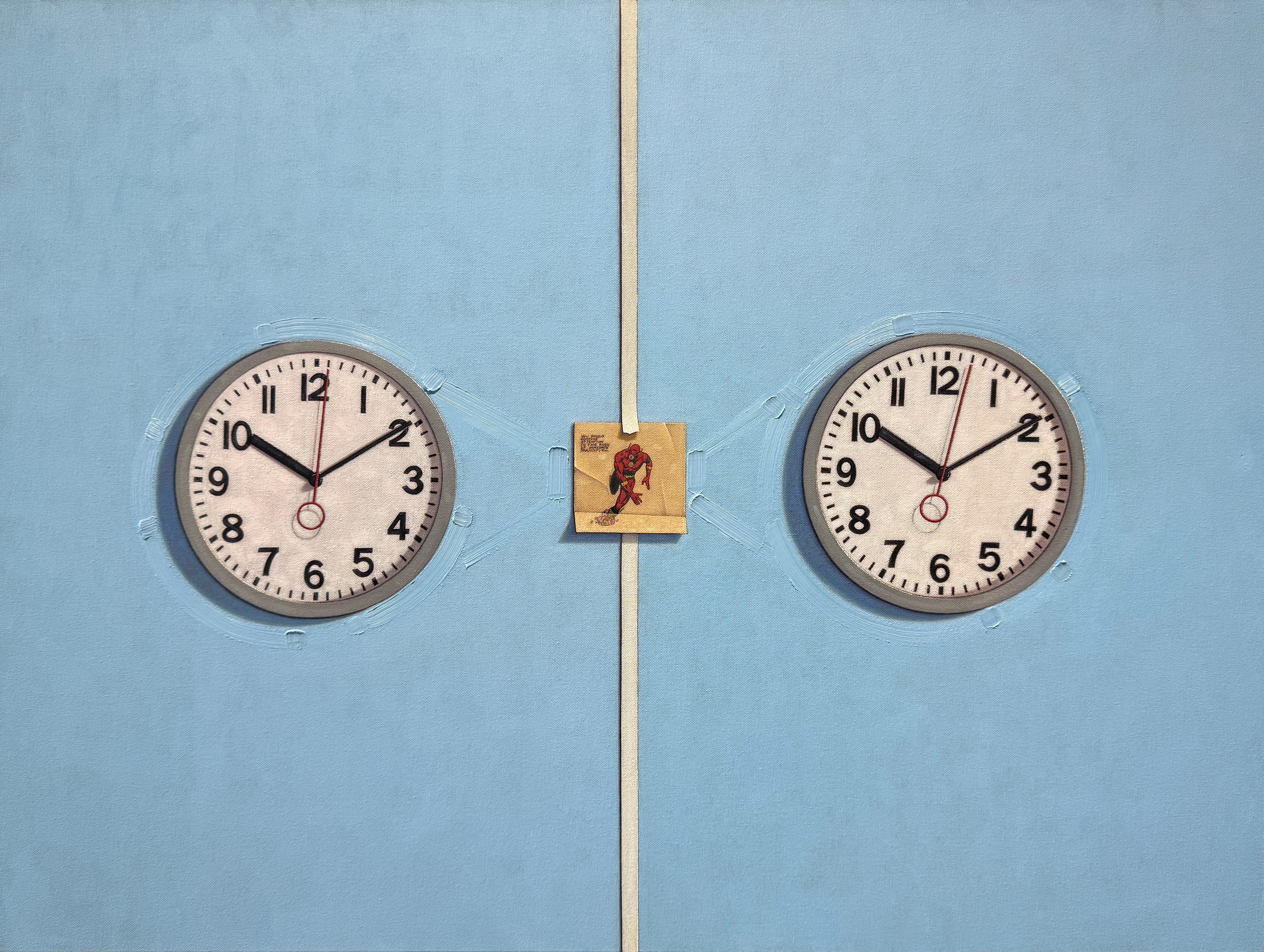 Anthony Mastromatteo Still-Life Painting - “The Devil is in the Details” oil painting of two clocks, 1 second flash comic