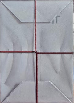 “The Gift” hyperrealist oil painting, trompe l'oeil paper wrapped package framed