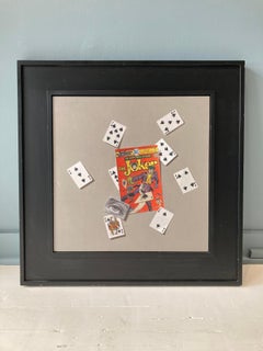 "In the Cards" trompe l'oeil oil painting of comic page of Joker & playing cards